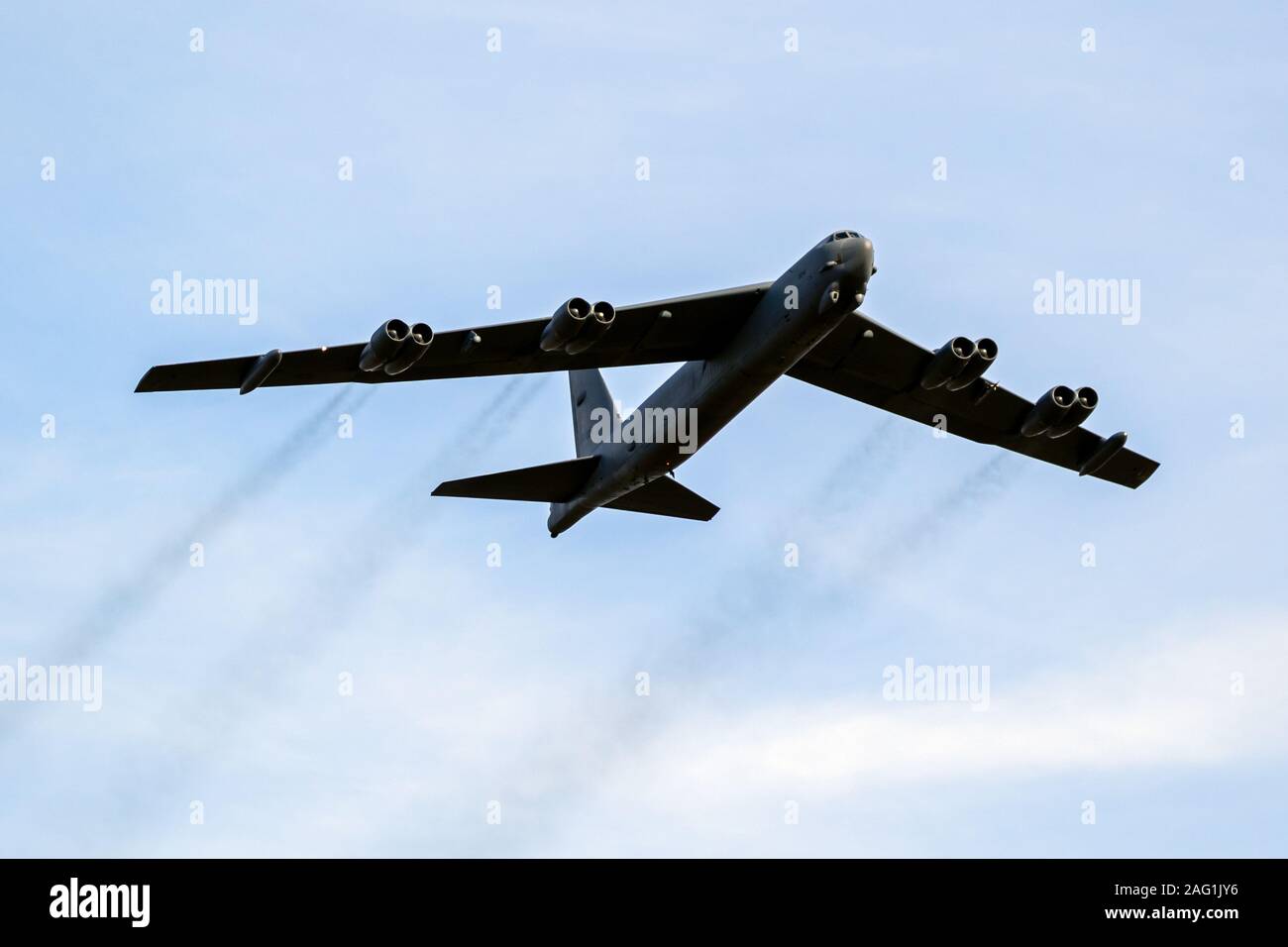 SANICOLE, BELGIUM - SEP 13, 2019: US Air Force Boeing B-52 Stratofortress bomer plane performing a low-pass at the Sanice Sunset Airshow. Stock Photo