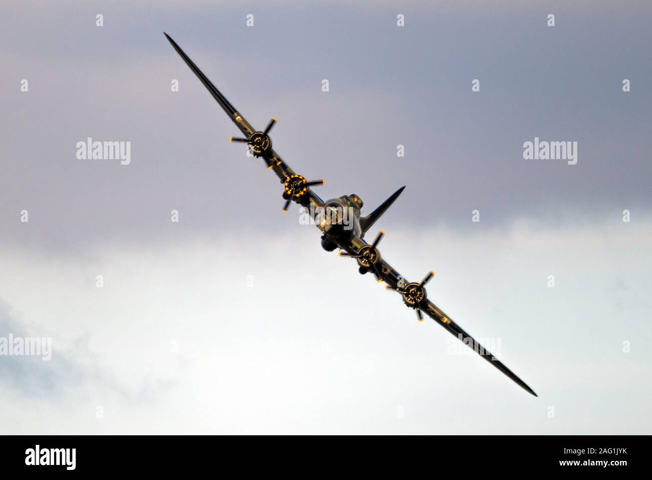 SANICOLE, BELGIUM - SEP 13, 2019: Vintage warbird US Air Force Boeing B-17 Flying Fortress WW2 bomber plane perforing at the Sanice Sunset Airshow. Stock Photo