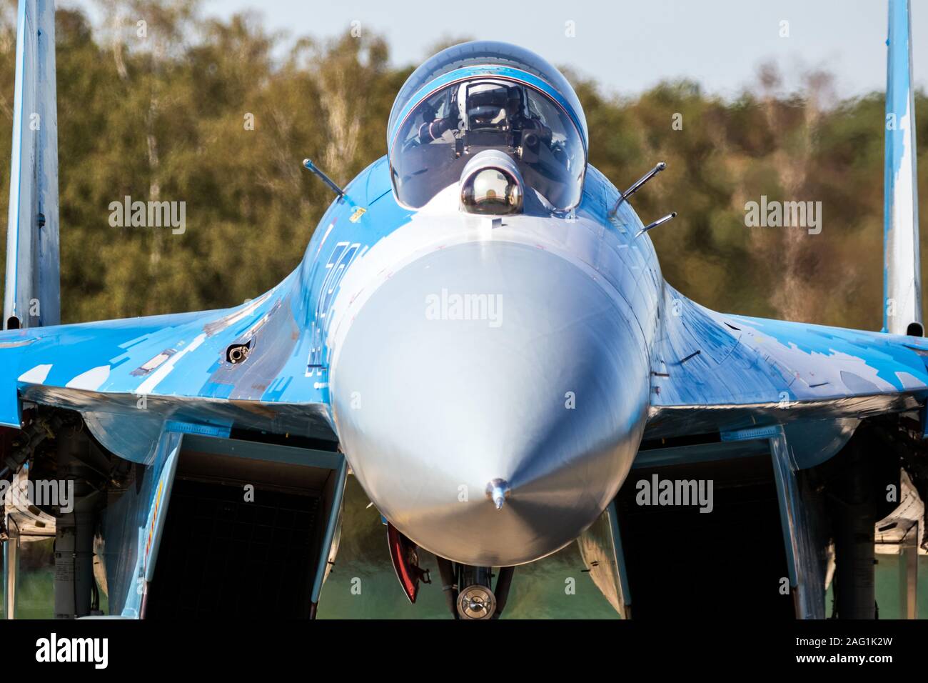 KLEINE BROGEL, BELGIUM - SEP 14, 2019: Close up of a pilot in the cocpit of a Sukhoi Su-27 Flanker fighter jet aircraft at Kleine-Brogel Airbase. Stock Photo