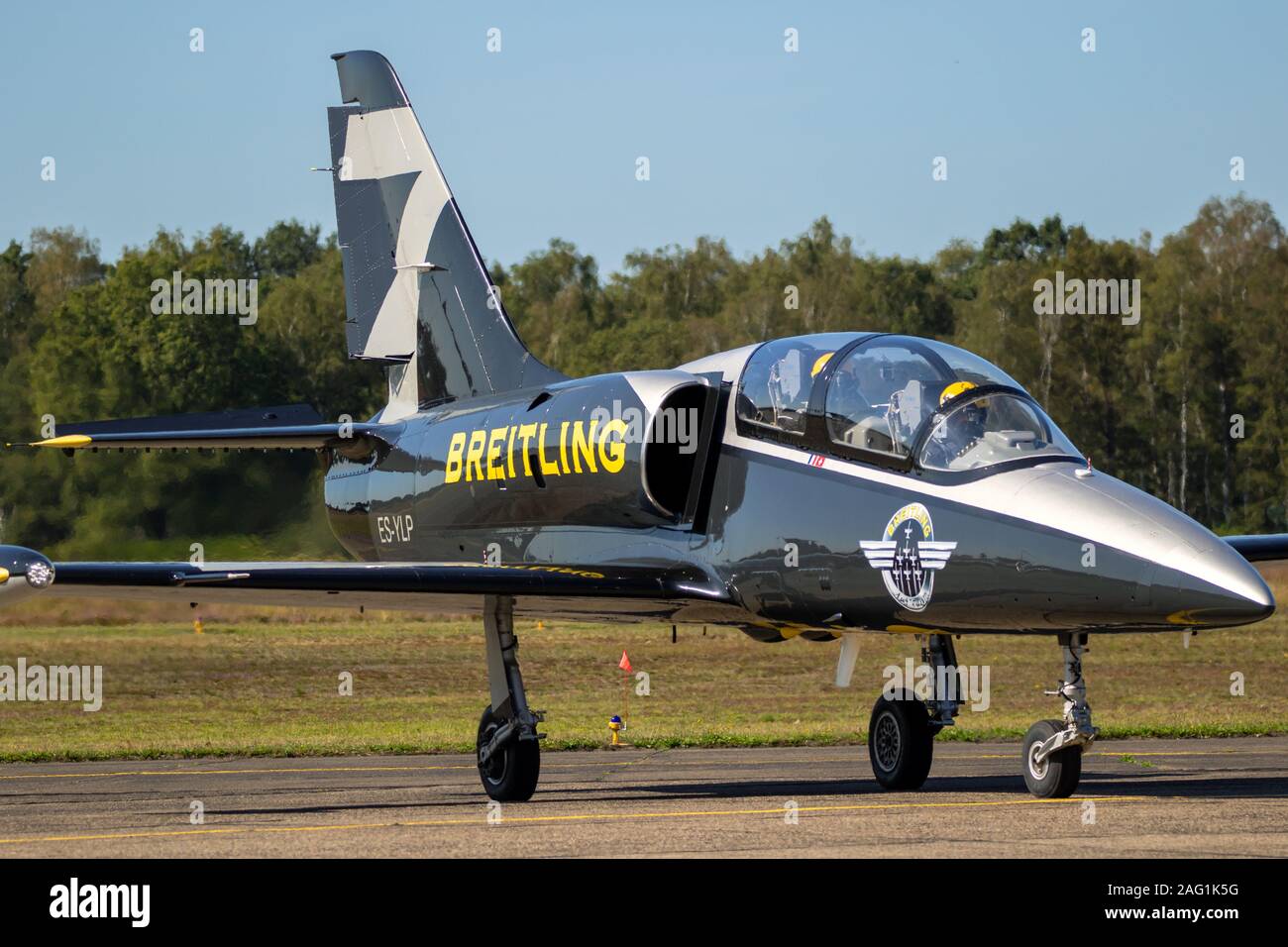 KLEINE-BROGEL, BELGIUM - SEP 14, 2019: Breitling Jet Team Aero L-39 Albatros plane taxiing after landing on Kleine Brogel Airbase. Stock Photo
