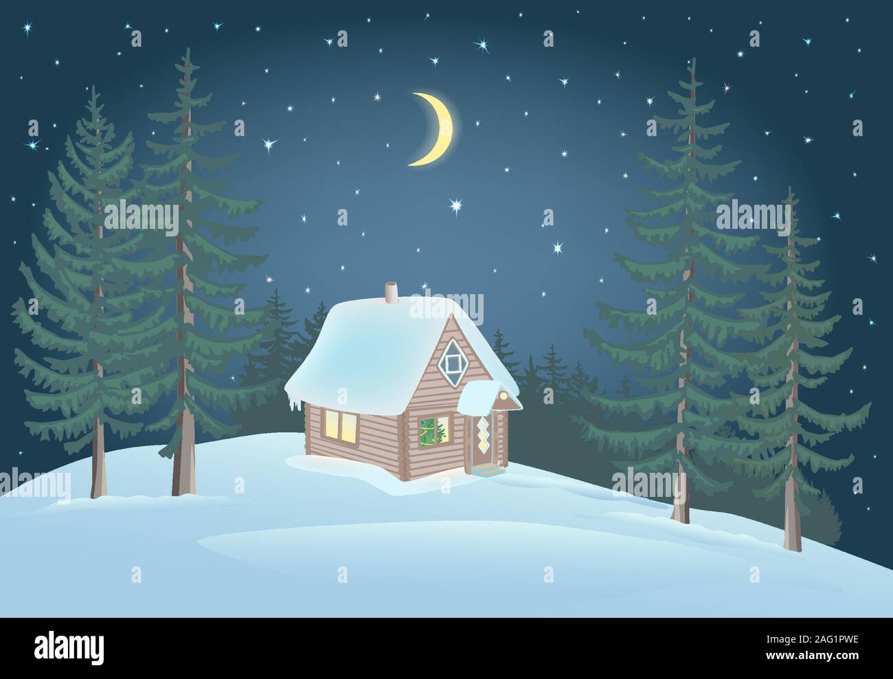 Small house in the forest and snowdrift. Stock Vector