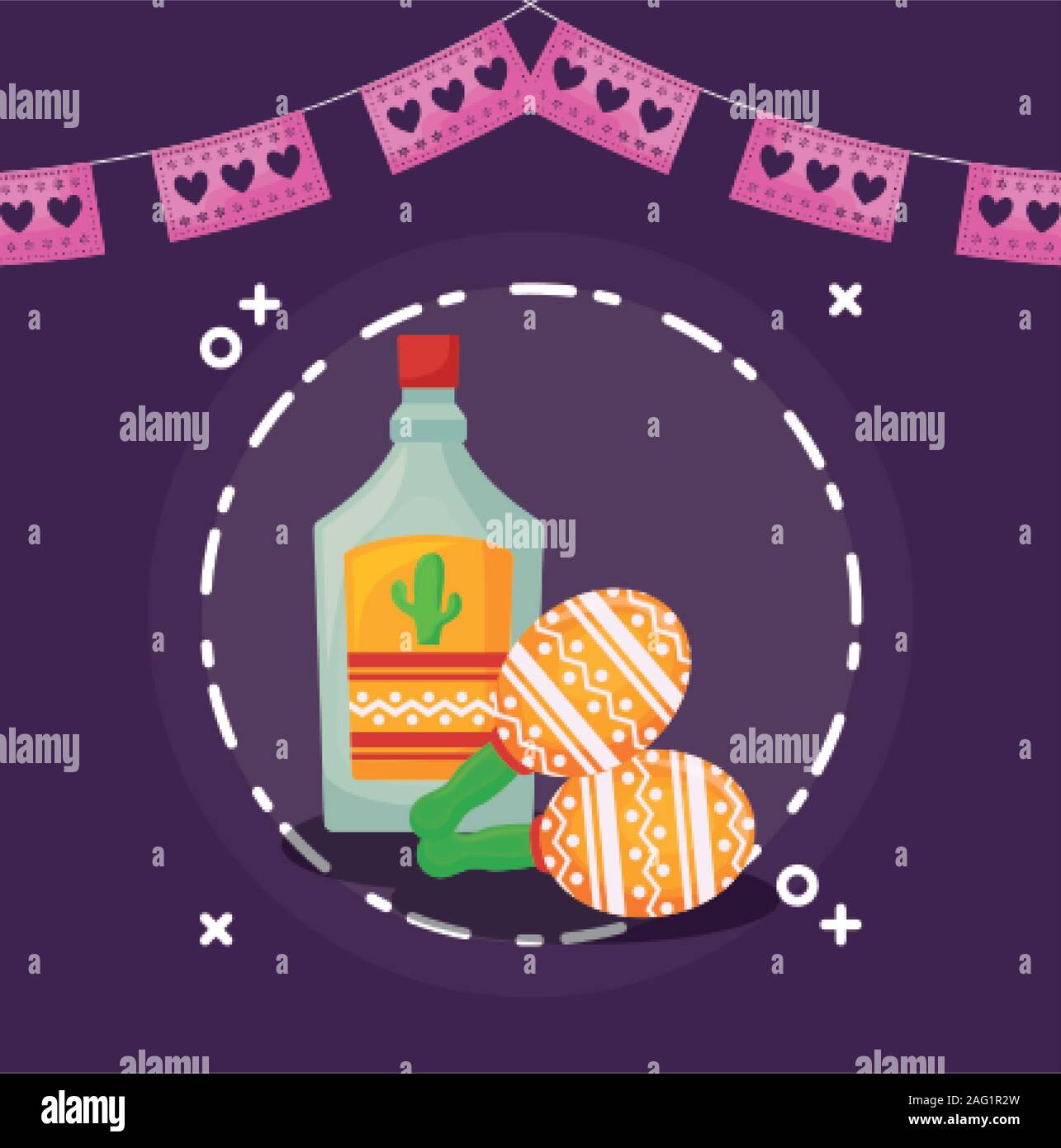 Mexican maracas and tequila with banner pennant design, Mexico culture ...