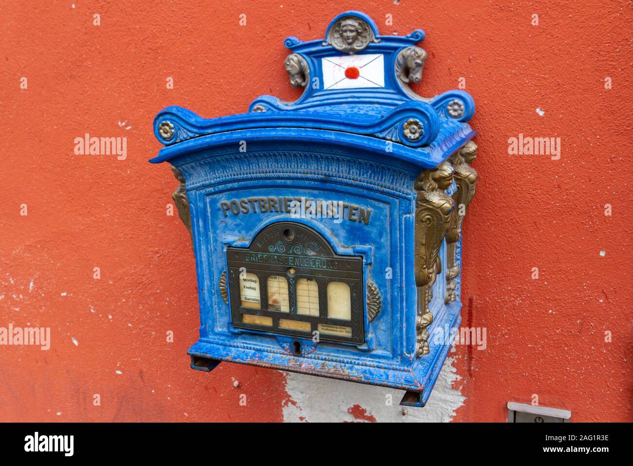 Blue postbriefkasten (post box) in Nördlingen, Bavaria, Germany Stock Photo  - Alamy