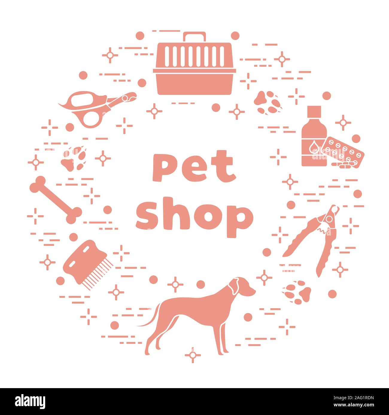 Vector illustration Dog, paw tracks, bone, comb, scissors, carrying ...
