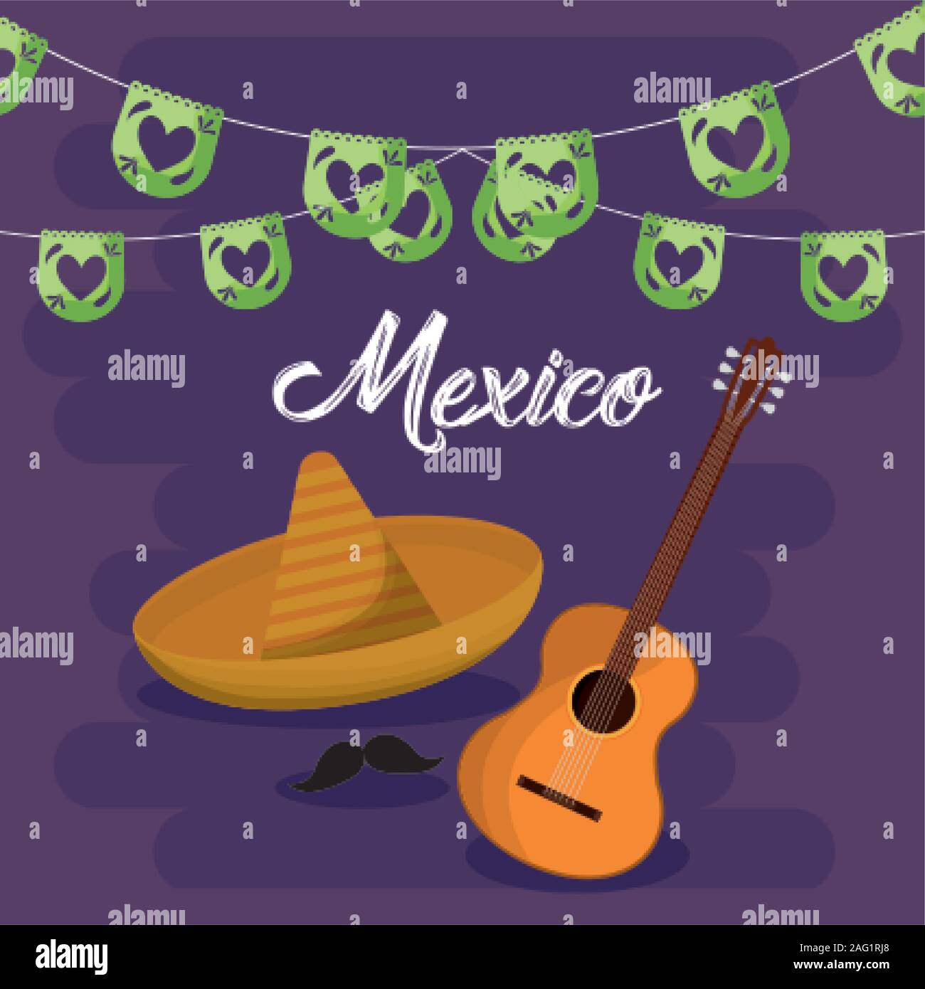 Mexican hat and guitar with banner pennant design, Mexico culture ...