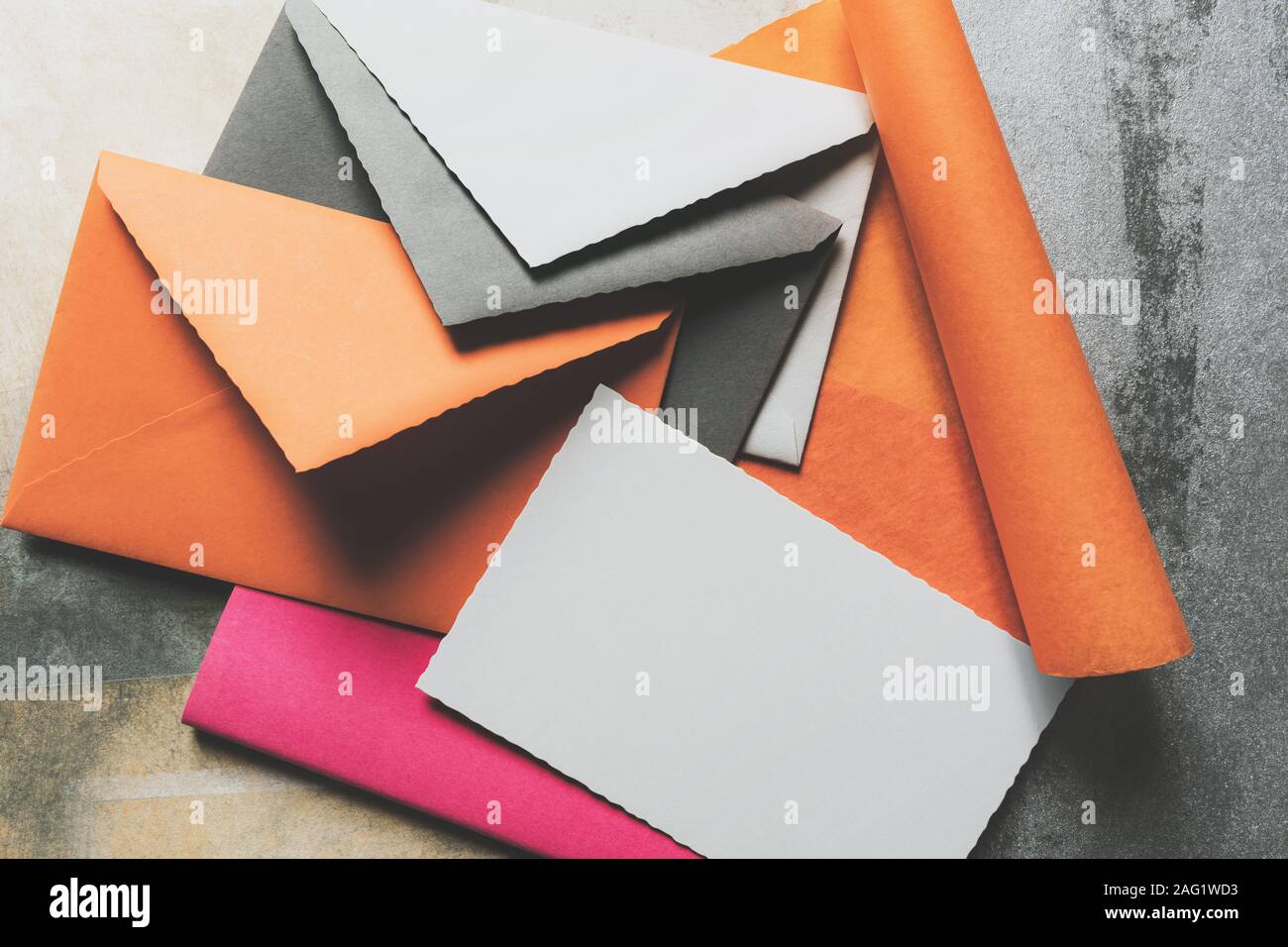 Various colors envelopes with greeting cards on the table Stock Photo