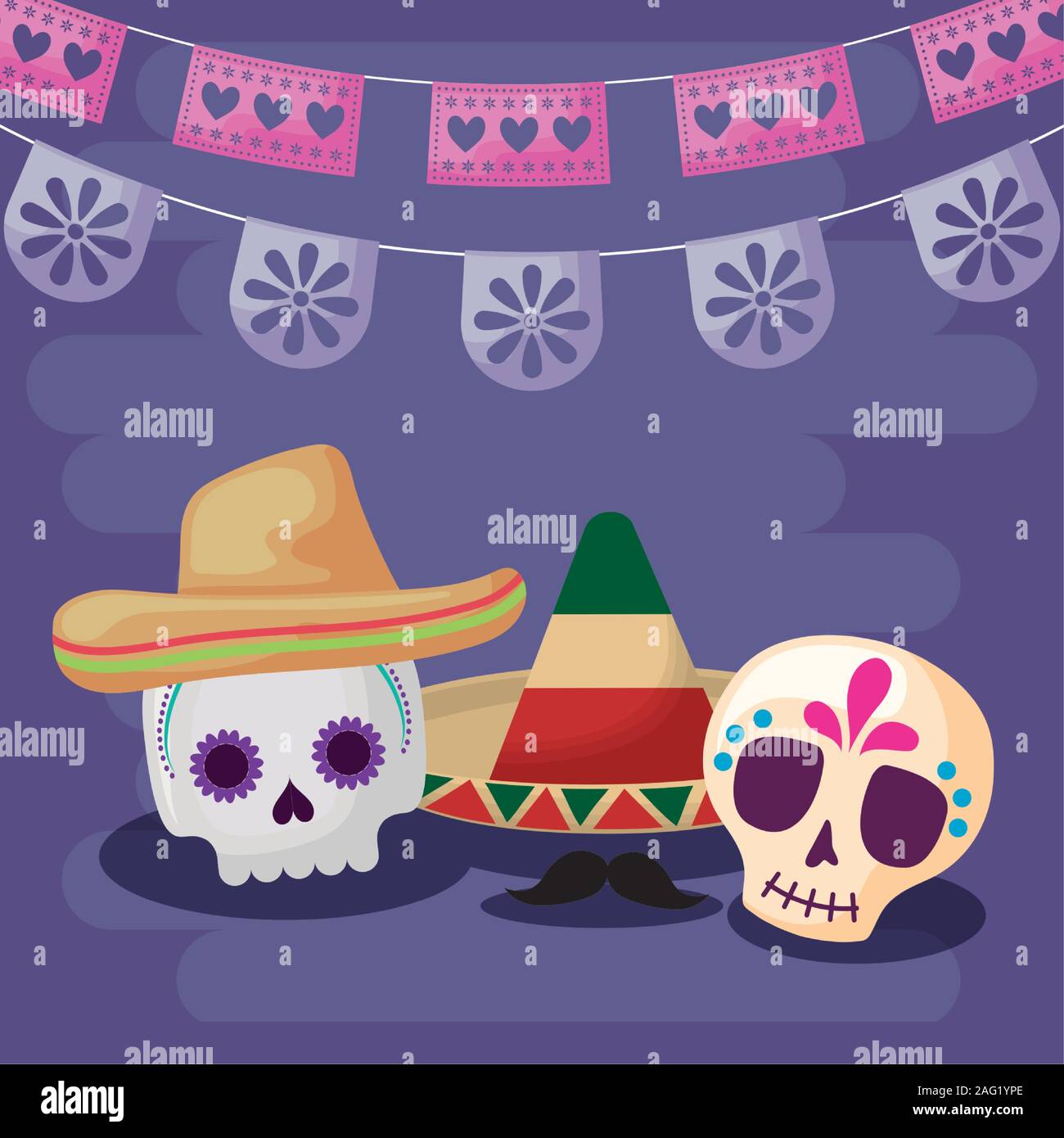 Mexican skull and hats with banner pennant design, Mexico culture tourism landmark latin and ...