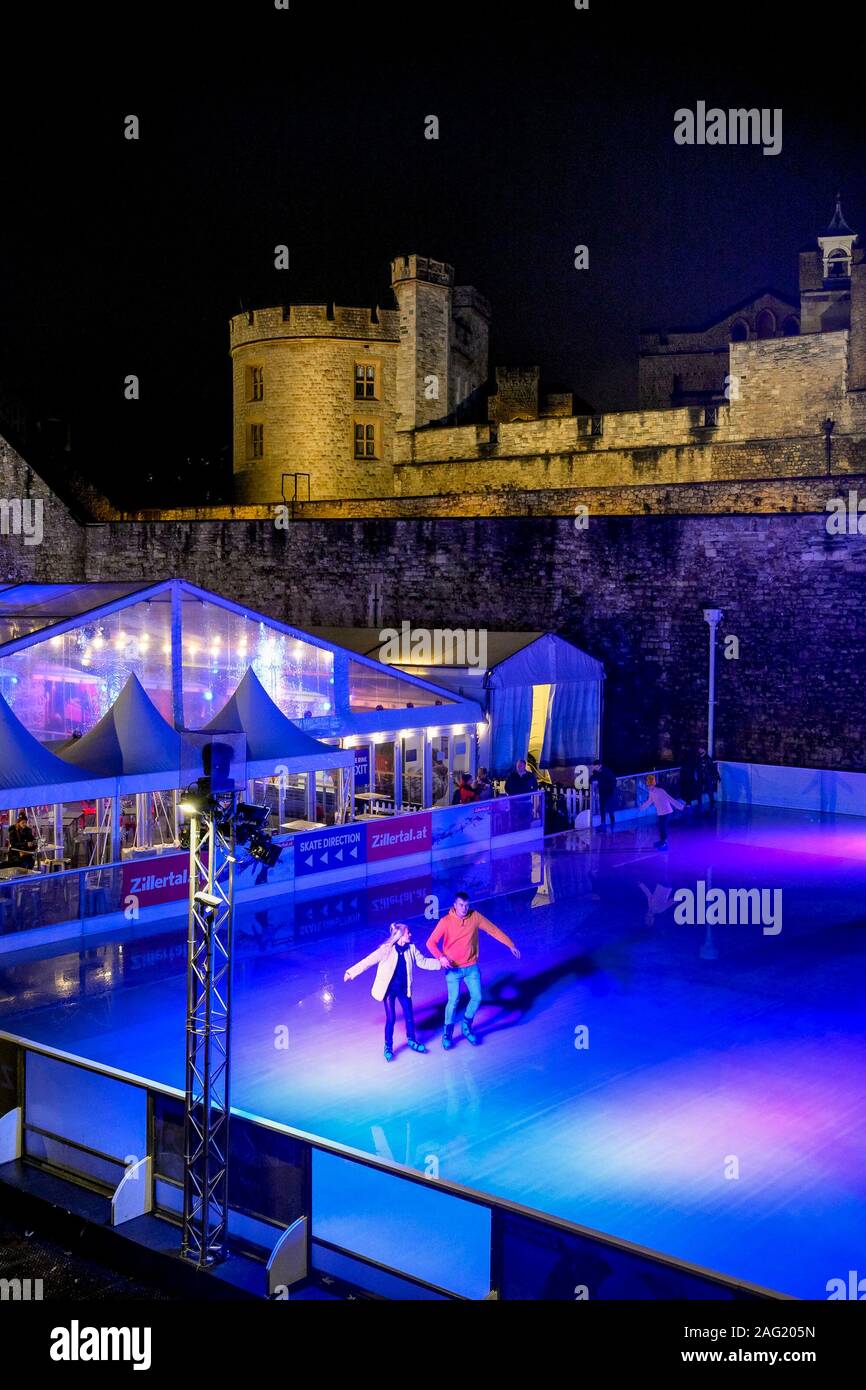 Ice skating rink, Tower of London, night, London, England, UK Stock