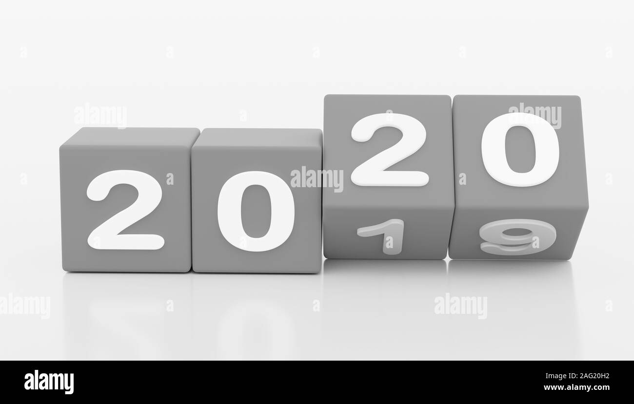2020 New year change, turn. 2020 start 2019 end, dice isolated against white background. 3d illustration Stock Photo
