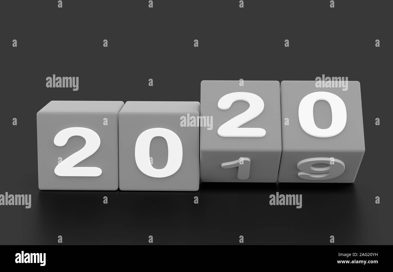 2020 New year change, turn. 2020 start 2019 end, dice isolated against white background. 3d illustration Stock Photo