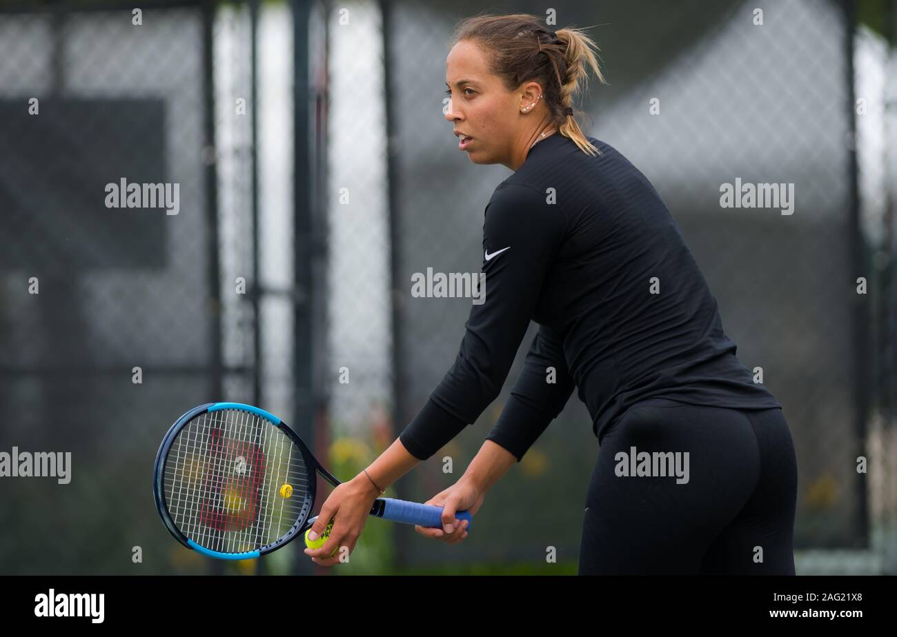 Madison Keys of the United States practices ahead of the 2019 Volvo Car