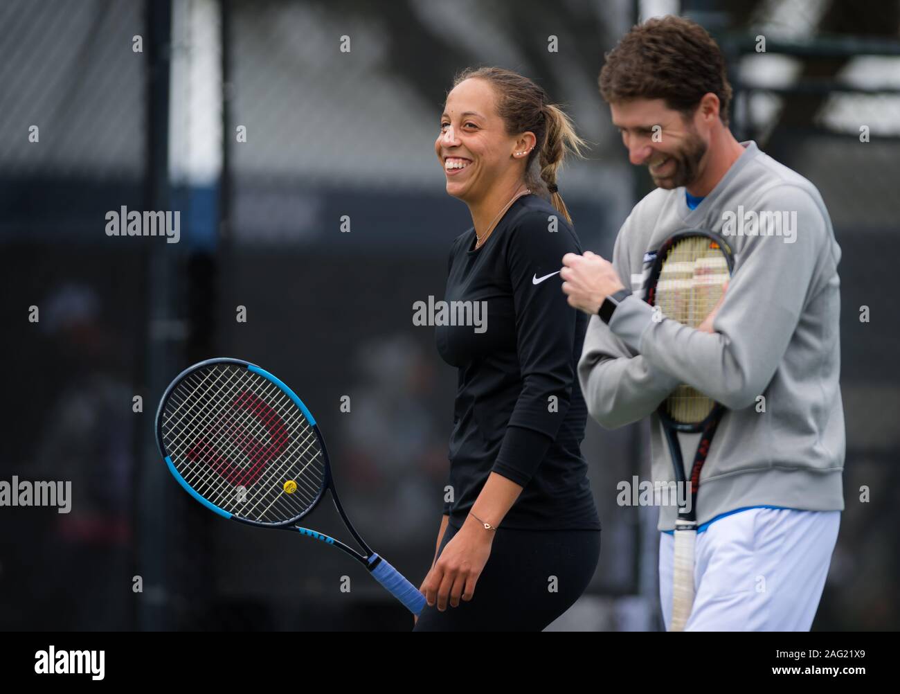 Madison Keys of the United States practices ahead of the 2019 Volvo Car