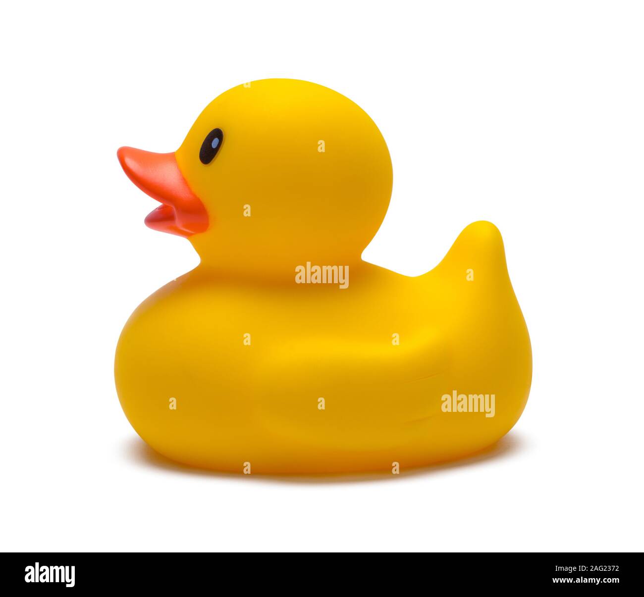 Yellow Rubber Duck Side View Isolated on White. Stock Photo