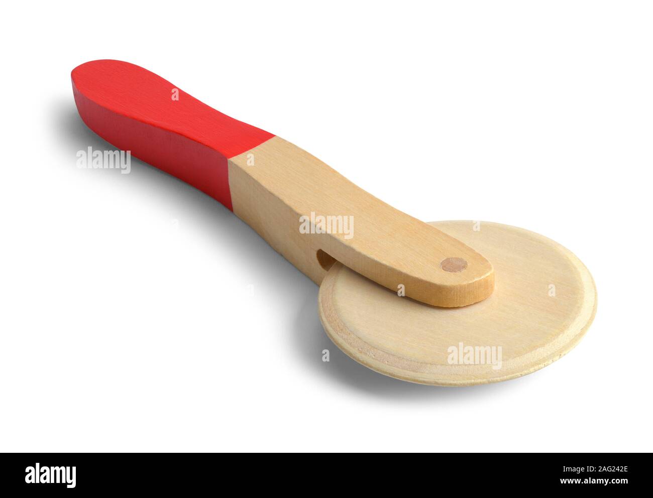 Wood Toy Pizza Cutter Isolated on White Background. Stock Photo