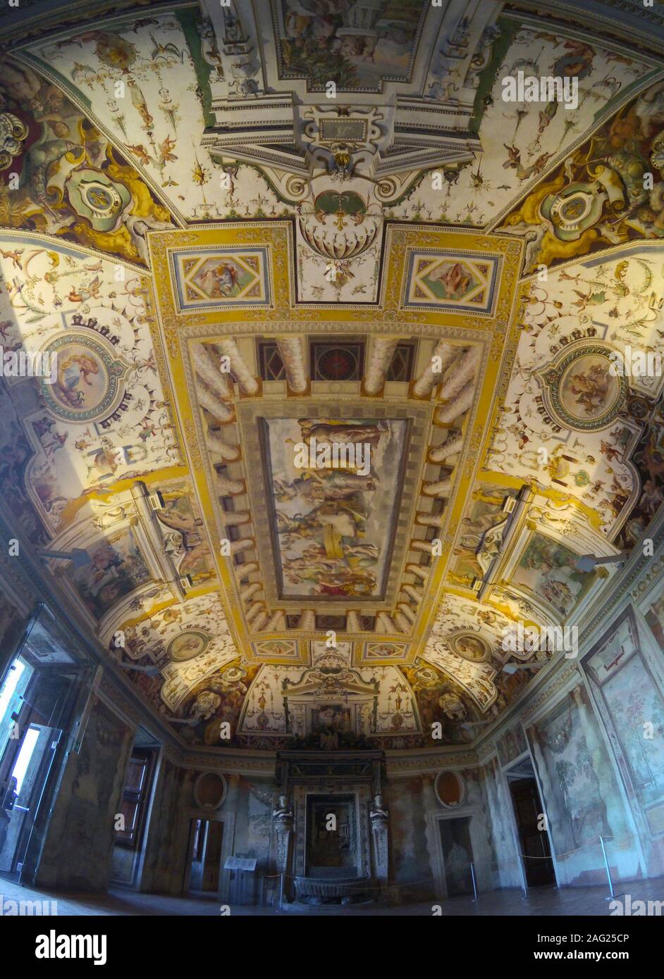 Interior decorated ceiling and room in historic house in Villa d Este in Tivoli in Italy. Interior design. Stock Photo