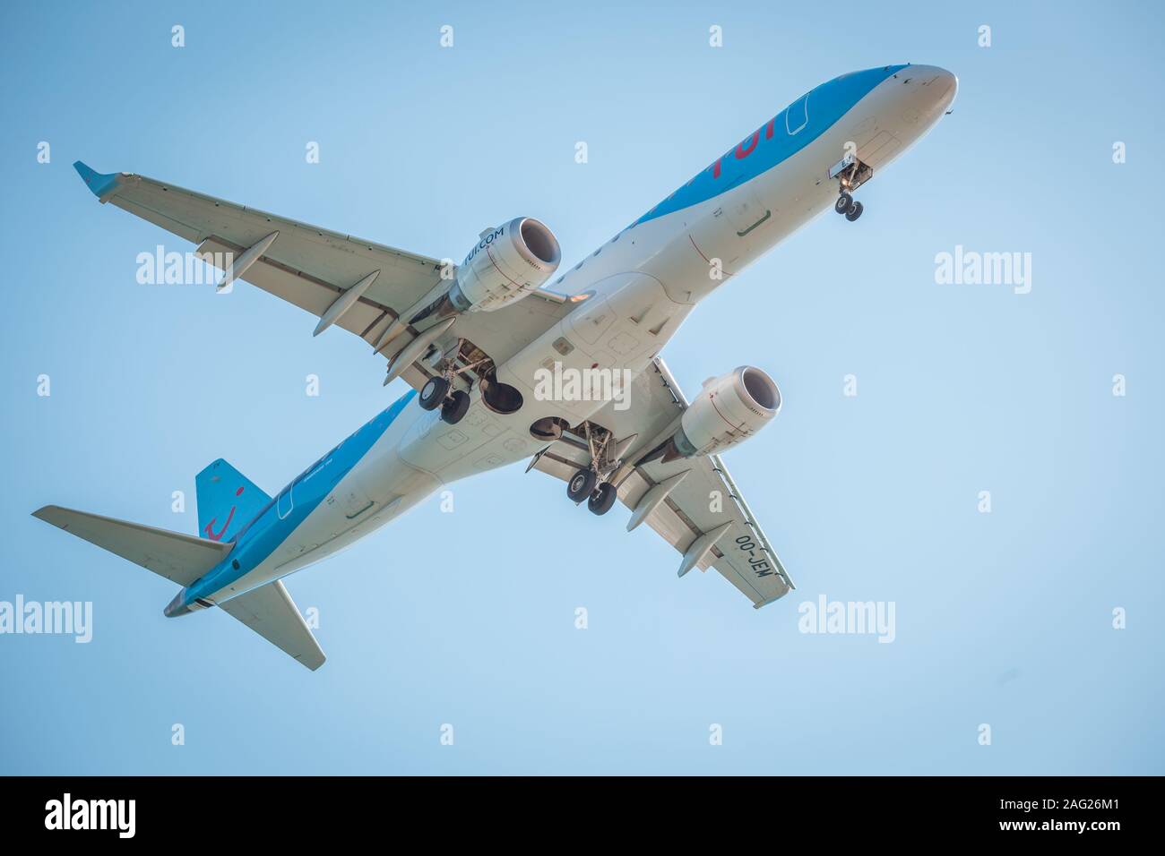 Zakynthos, Greece, August 2019: Big airplane, probably TUI, with landing gear down, under belly view, during landing at Zakynthos International Stock Photo