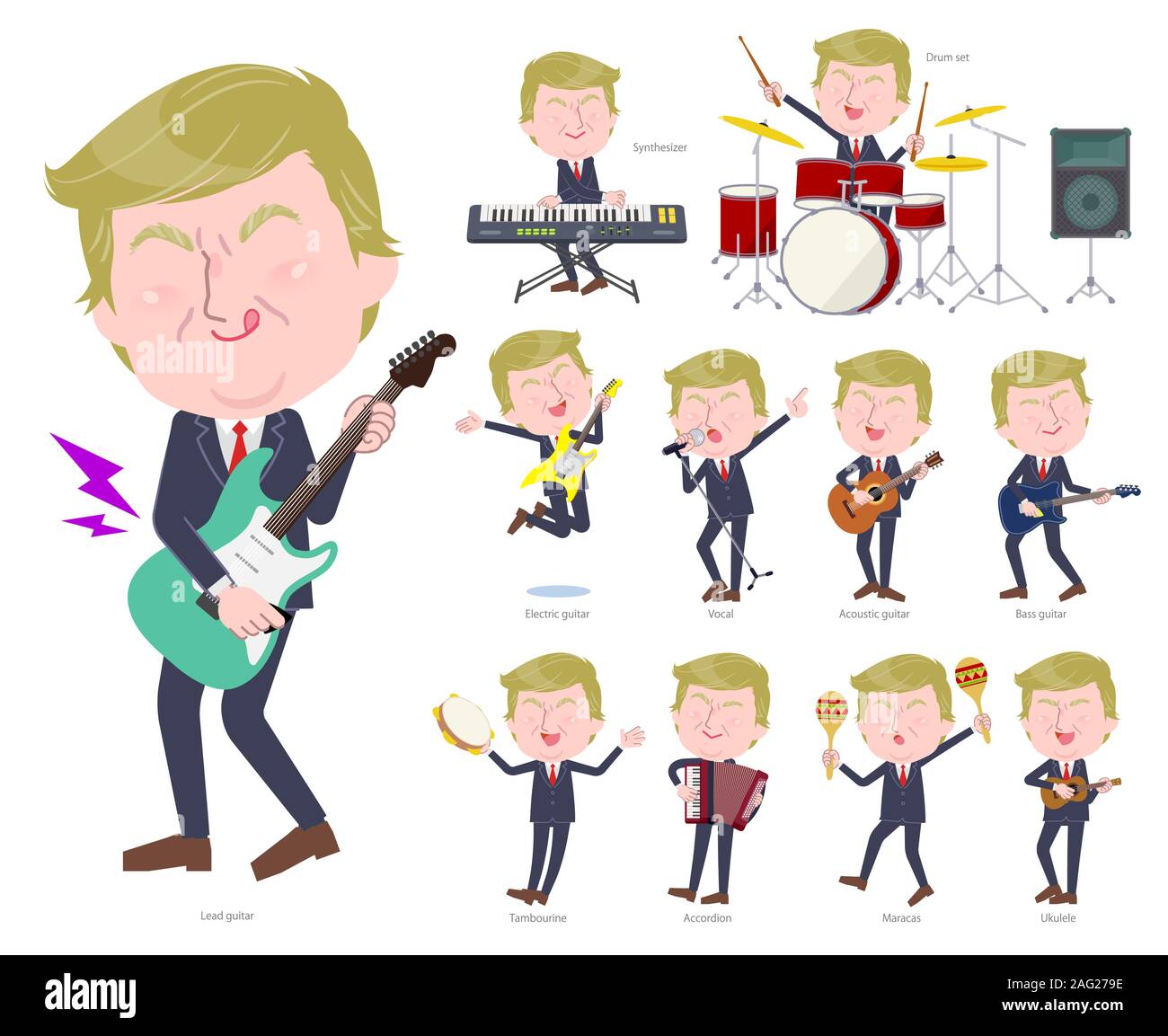 A set of blond hair old men playing rock 'n' roll and pop music.There are also various instruments such as ukulele and tambourine.It's vector art so i Stock Vector