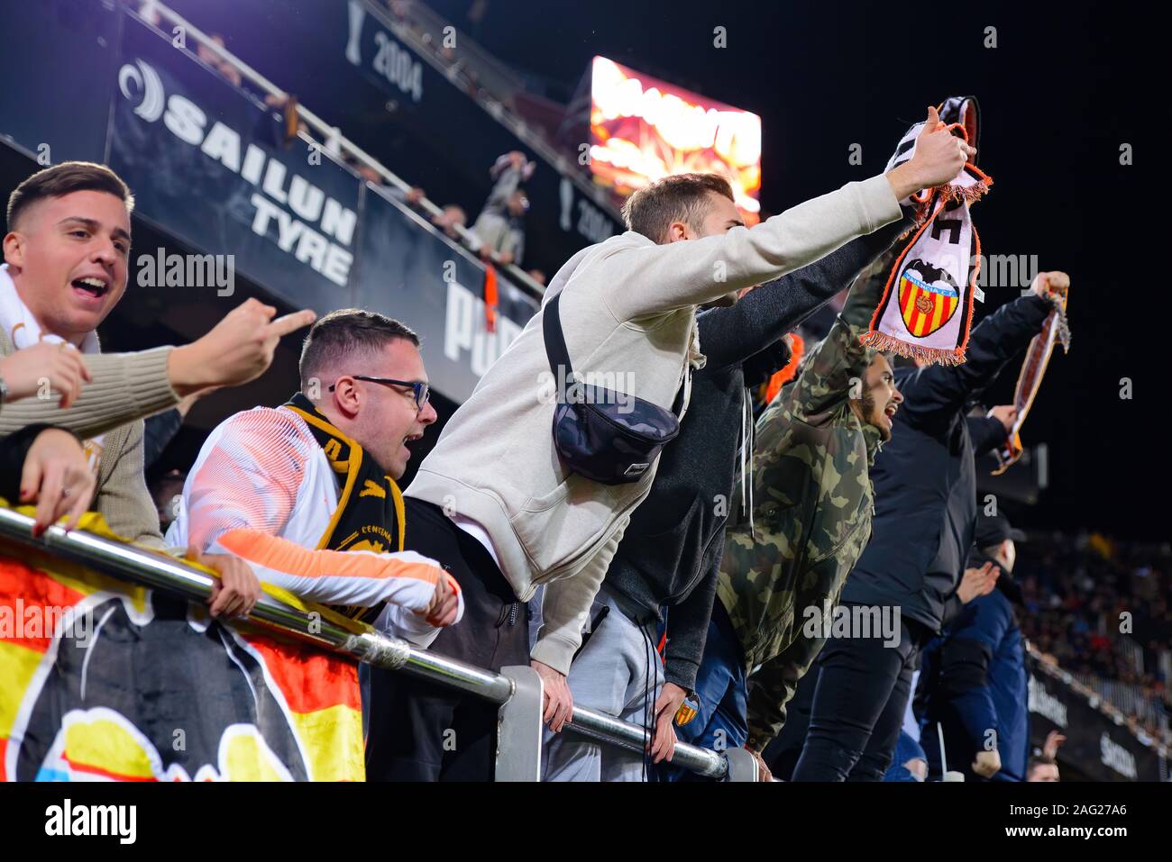 VALENCIA, SPAIN - DEC 15: Supporters at the La Liga match between Valencia CF and Real Madrid CF at the Mestalla Stadium on December 15, 2019 in Valen Stock Photo