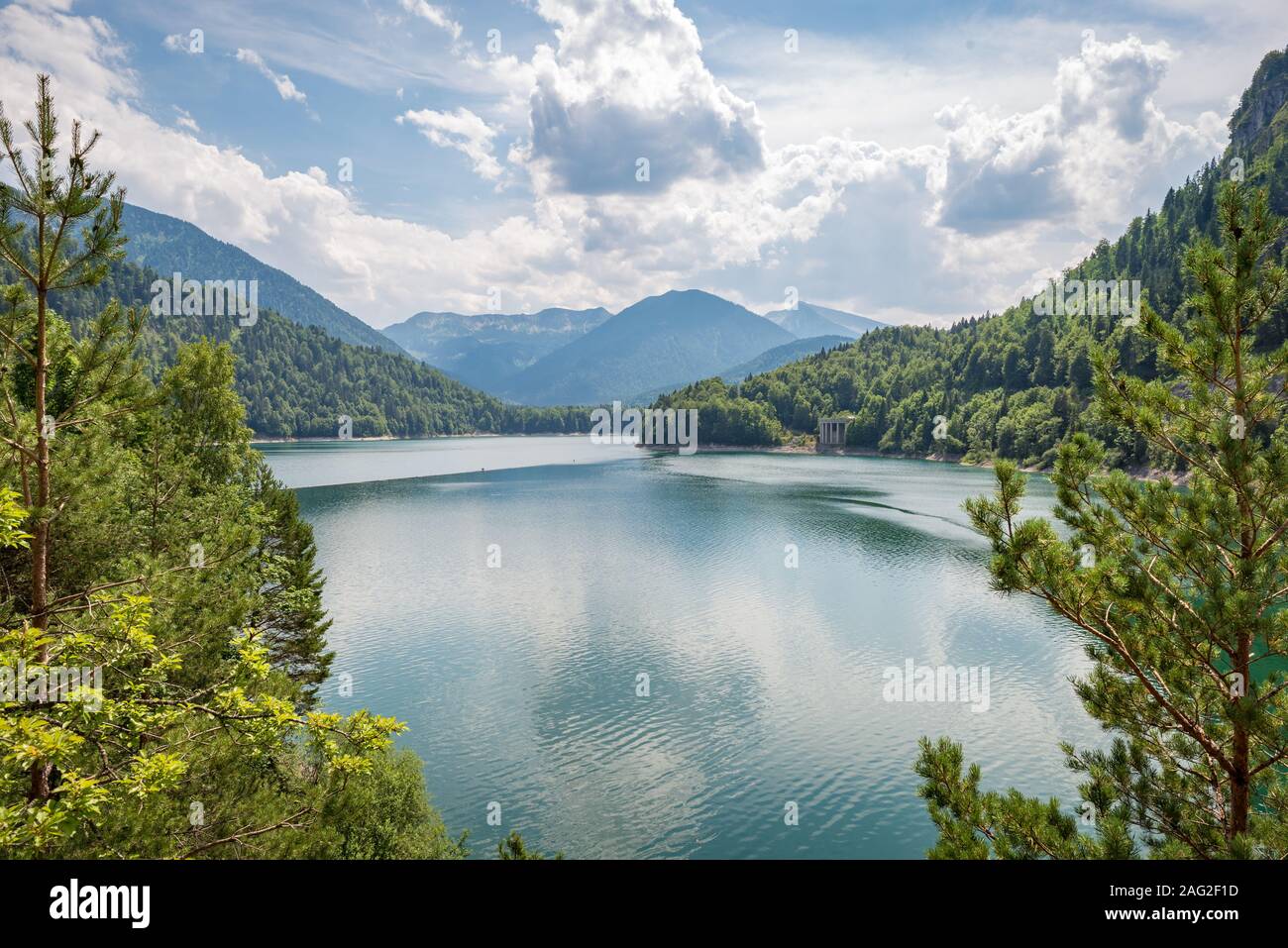 Tranquil scene of the calm water of lake Sylvensteinsee in southern Germany, close to the austrian border Stock Photo