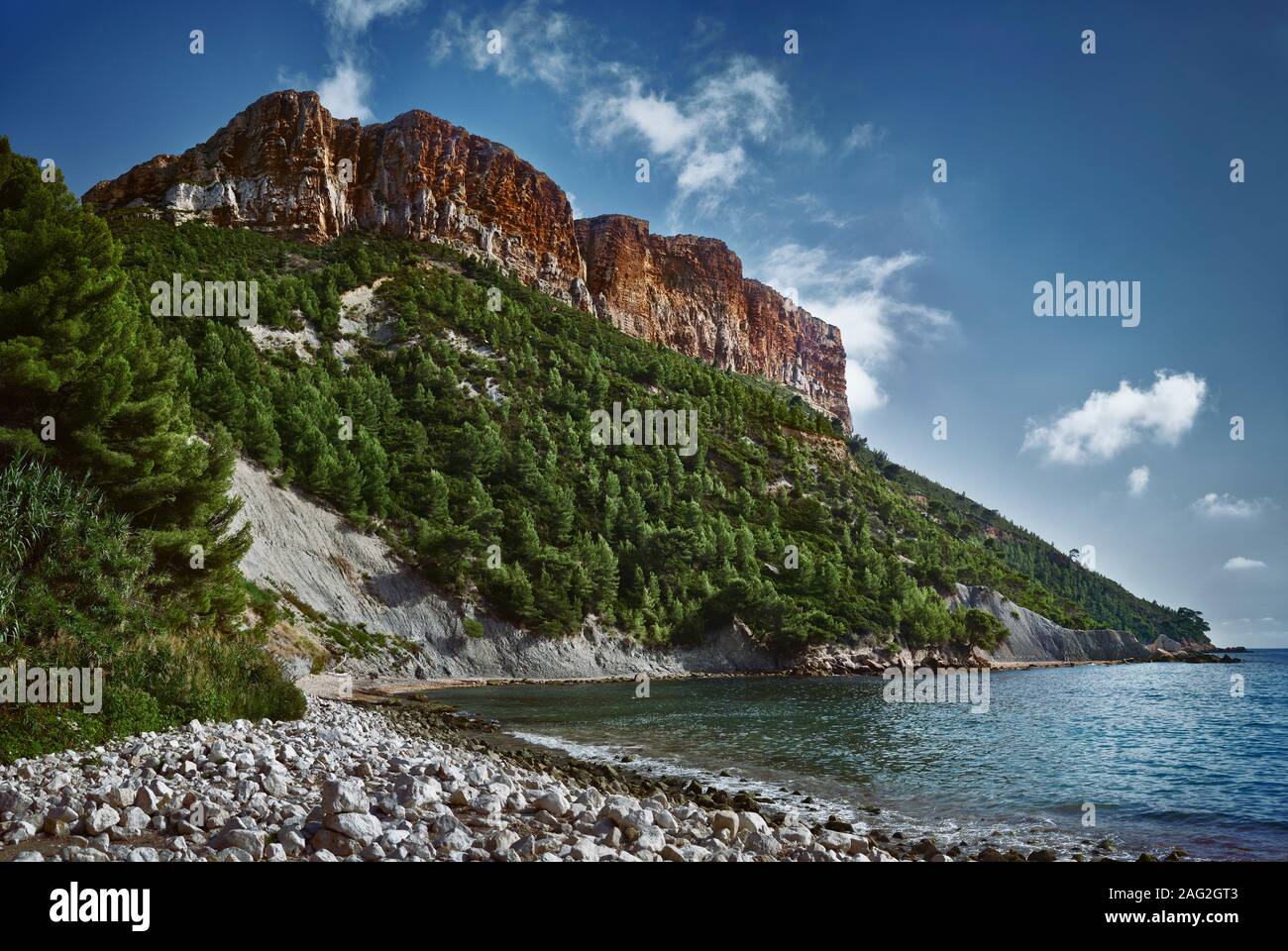 Cliffs of Cap Canaille in Cassis port town, landscape nature scenery, Southern France, the Mediterranean Sea coast. Cassis travel photography. Stock Photo