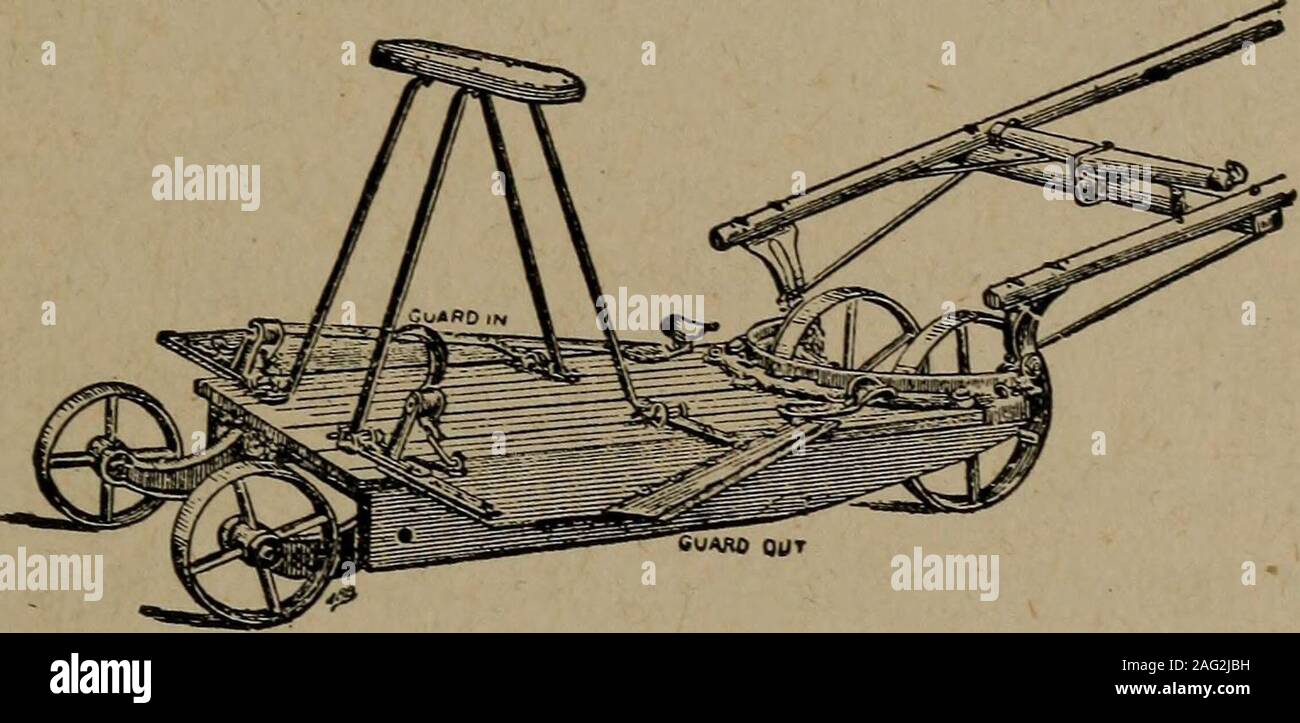 . The story of corn and the westward migration. From Farmers Bulletin No. 303.U. S. Dept. Agr. Improved one-row harvesterywith arm added The West the Granary of the World 227 vertical position to the binder attachment. Astandard twine binder was used, set in a verticalposition so as to receive the stalks and keep themin position until the bundle was tied. The horseswere hitched behind the machine. Since 1895 theself-binding corn harvester has had a considerablesale, especially in the leading corn states. Themain features of the Peck type predominate inpractically all the corn binders now built Stock Photo
