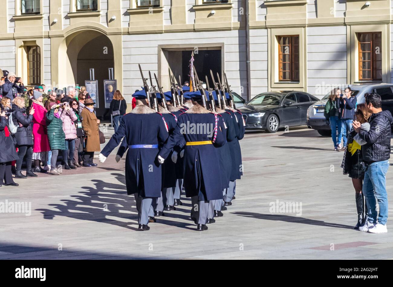 PRAGUE, CZECH REPUBLIC - FEBRUARY 15: Servicemen's from the Prague Castle Guard march to the ceremony of changing the guard of honor at February 15, 2 Stock Photo