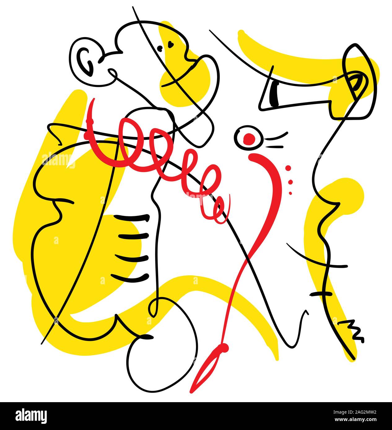 abstract one line contemporary composition, black, yellow and red, surreal minimalistic outline person with monkey and sea horse Stock Vector
