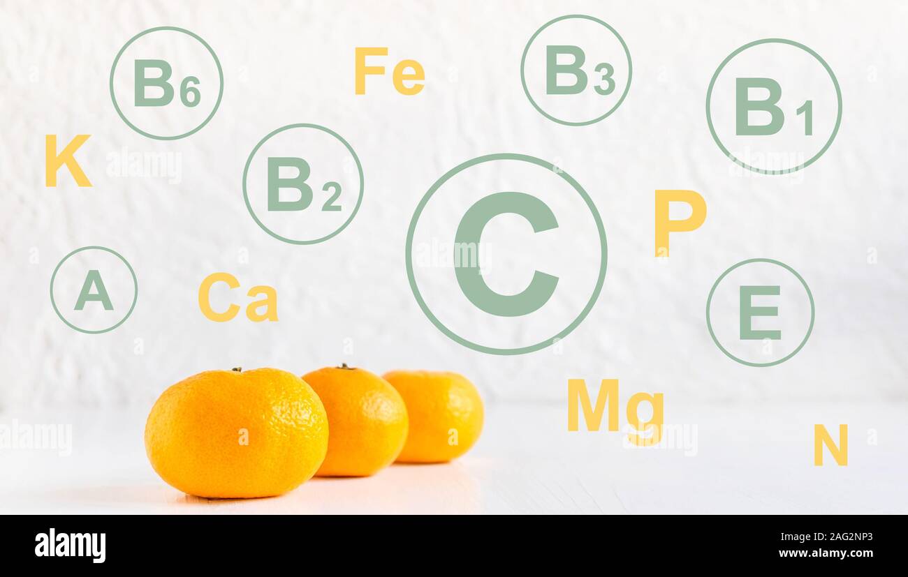 Infographic with a list of vitamins in mandarin. Healthy food. Vitamins