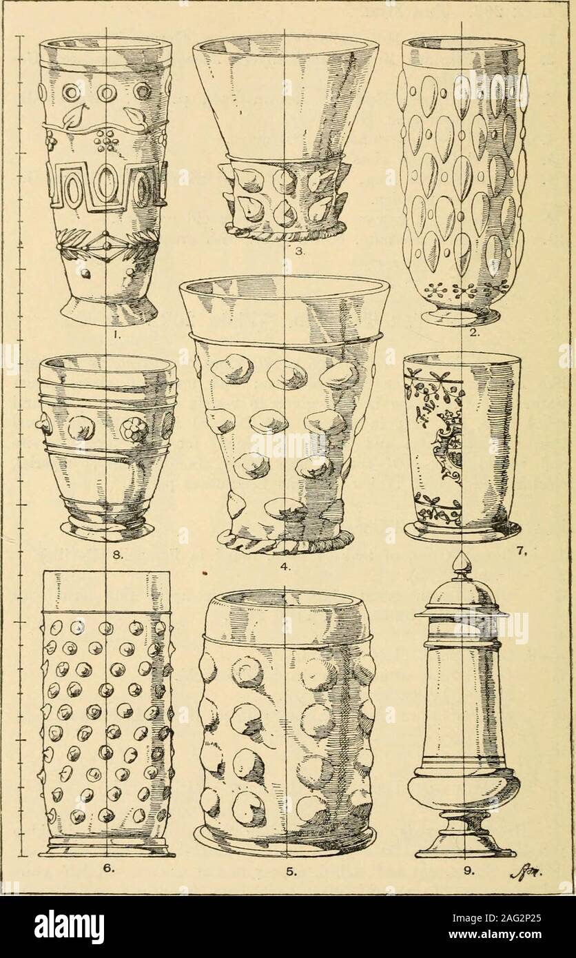 . Handbook of ornament; a grammar of art, industrial and architectural designing in all its branches, for practical as well as theoretical use. p;c. The name is also given to vessels of more architecturalpretensions, like that in fig. 9. The Tankard is less for individualthan for social use; and is intended chiefly for beer, hence its sizeand robust form. Of special importance are the eagle, imperial,electoral, and guild Tankards of the Renascence period. Plate 209. The Tanid^d. 1. Roman Glass, of tankard form, found in Pompeii, (Deville). 2. Ditto, (Ditto). 3. Old German green glass Tankard, Stock Photo