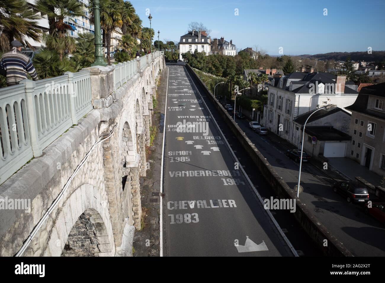 PAU FRANCE - ON AVENUE NAPOLEON BONAPARTE 'LA PENTE EST PEINTE' ( THE SLOPE IS PAINTED ) ABOUT SIXTY NAMES OF CYCLIST WHO HAVE WON A STAGE OF THE TOUR DE FRANCE SINCE 1930 - EACH YEARS PAU IS A STAGE IN THE TOUR DE FRANCE - CYCLING SPORT - INTERNATIONAL CYCLING - SPORT HISTORY © Frédéric BEAUMONT Stock Photo