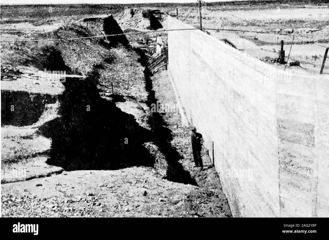 . Principles of irrigation engineering, arid lands, water supply, storage works, dams, canals, water rights and products. Scale Fig. 45-—Cross-section of earth dike with pavement on water side. The term dike is also applied to a long, relatively low extension ofan earth dam where the topography of the coimtry is such that thedam must be continued for some distance across low grounds. Itfrequently happens that in the prolongation of an earth dam thetopography is such that rising ground cuts out the necessity of thedam or dike for a space of a few hundred or thousand feet and thena depression oc Stock Photo