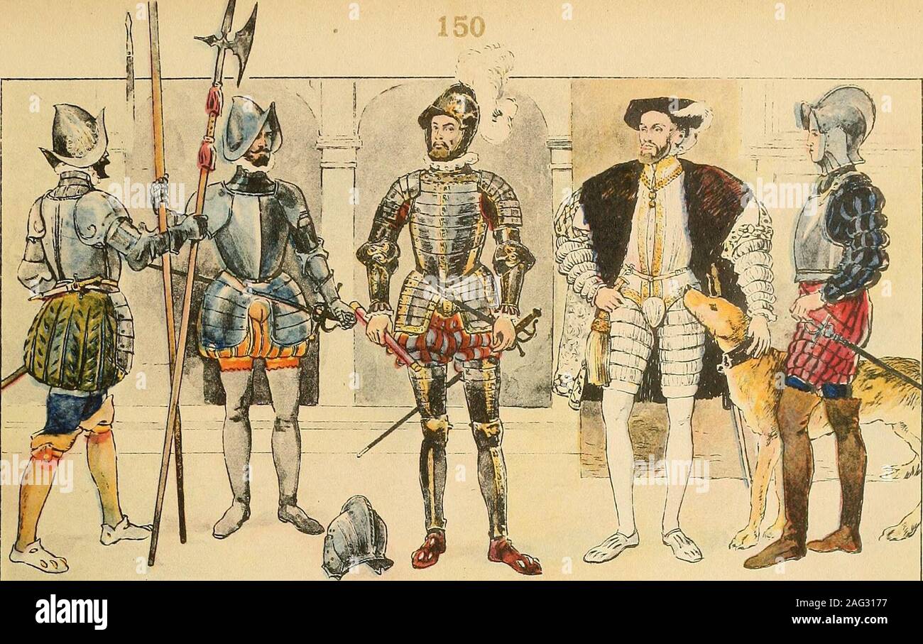 . Geschichte des Kostüms. Grundsatz zur Verwirklichung, daß dievornehme Spanierin ,,keine Füße besitzt. In Spanien werden die zwei Kleiderdes i5. Jahrhunderts beibehalten. Das obere Kleid läßt mit Hilfe von Öffnungen,Spaltungen und sonst auch durch kürzere Ärmel das darunter getragene Kleid sichtbarwerden, mit dem es in Schnitt und Farbe zusammengestimmt ist. — Fig. I. Hauptmann der spanischen Truppen. Fig. 2. Spanischer Soldat. Fig. 3. Paraderüstung des spateren 16. Jahrhunderts. Fig. 4. Ältere „spanische Tracht (Karl V.). Fig. 5. Vornehmer Spanier um i55o. Fig. 6. Spanische Königin (P^lisabe Stock Photo