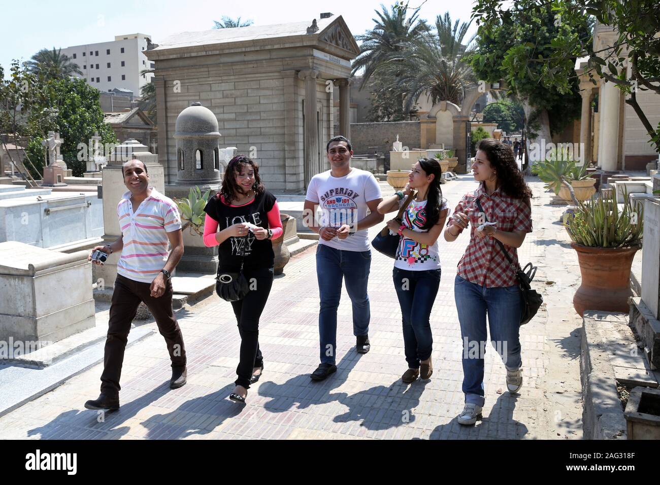 Cairo, young christian people in the Coptic cemetery in Cairo, Egypt Stock Photo