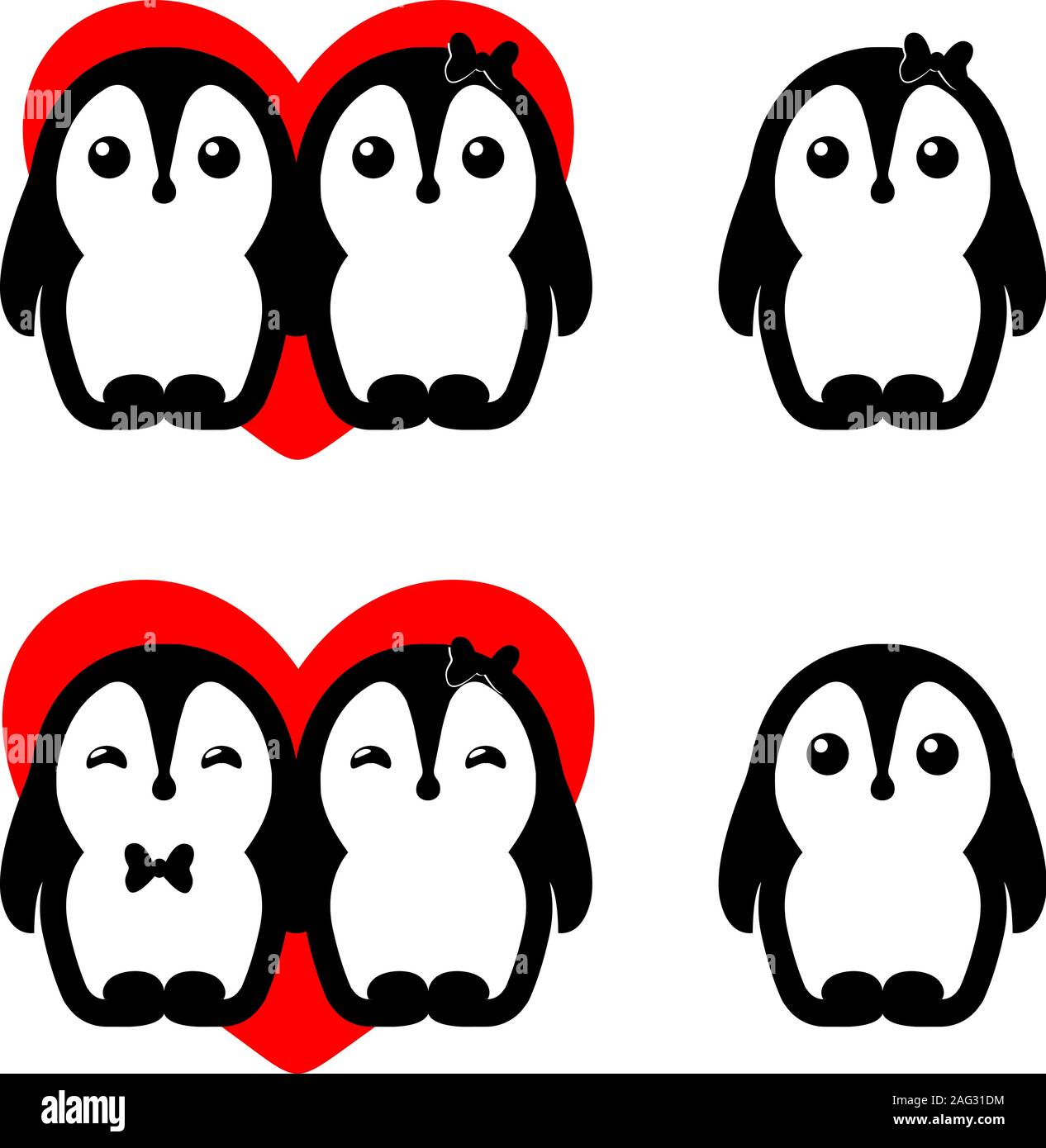 Isolated vector penguin couple logo set. Winter illustration. Animals icon. Valentines Day greeting card element. Children's toys.Cute male and female Stock Vector