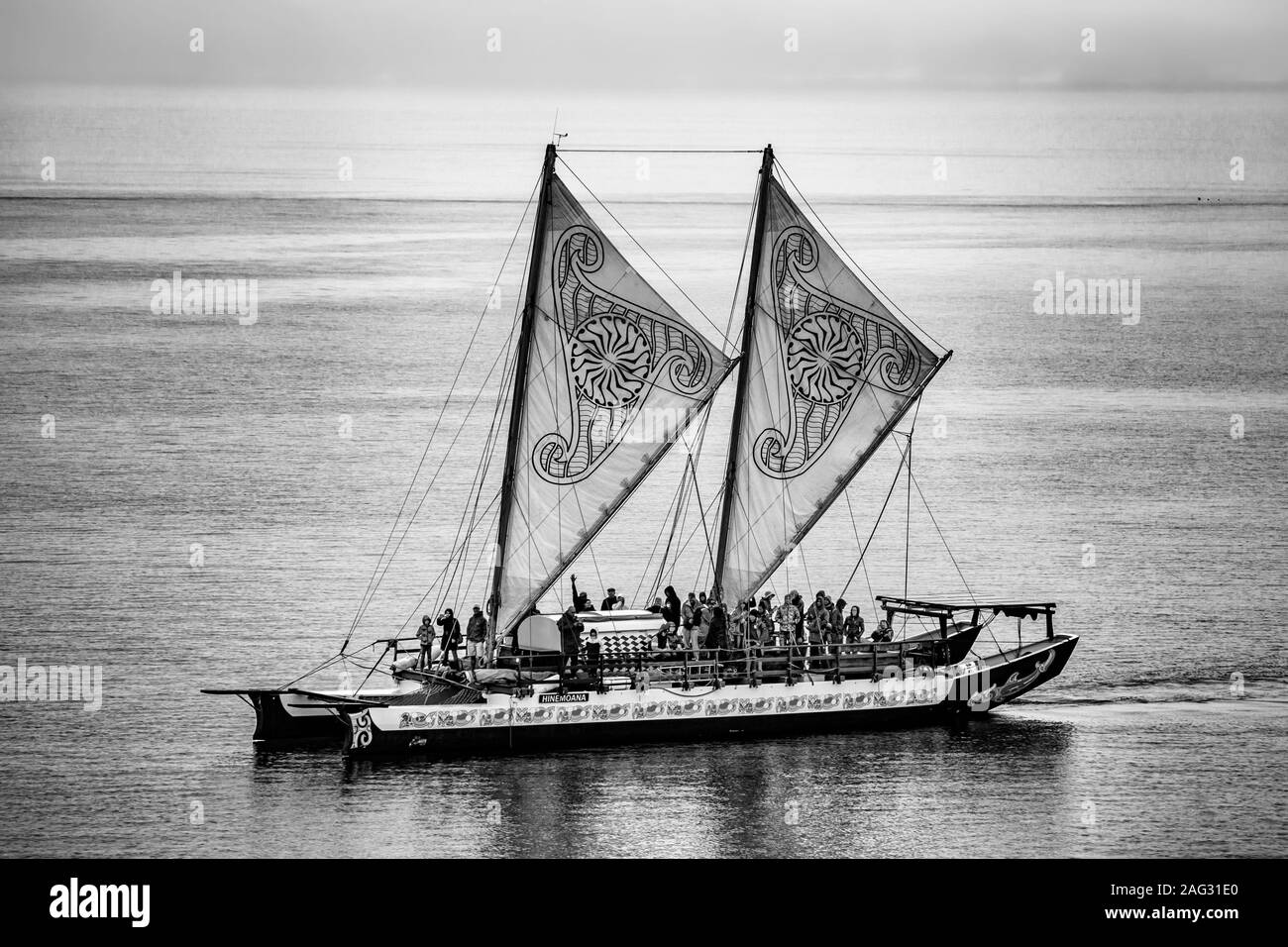 Polynesian boat with sail Black and White Stock Photos & Images - Alamy