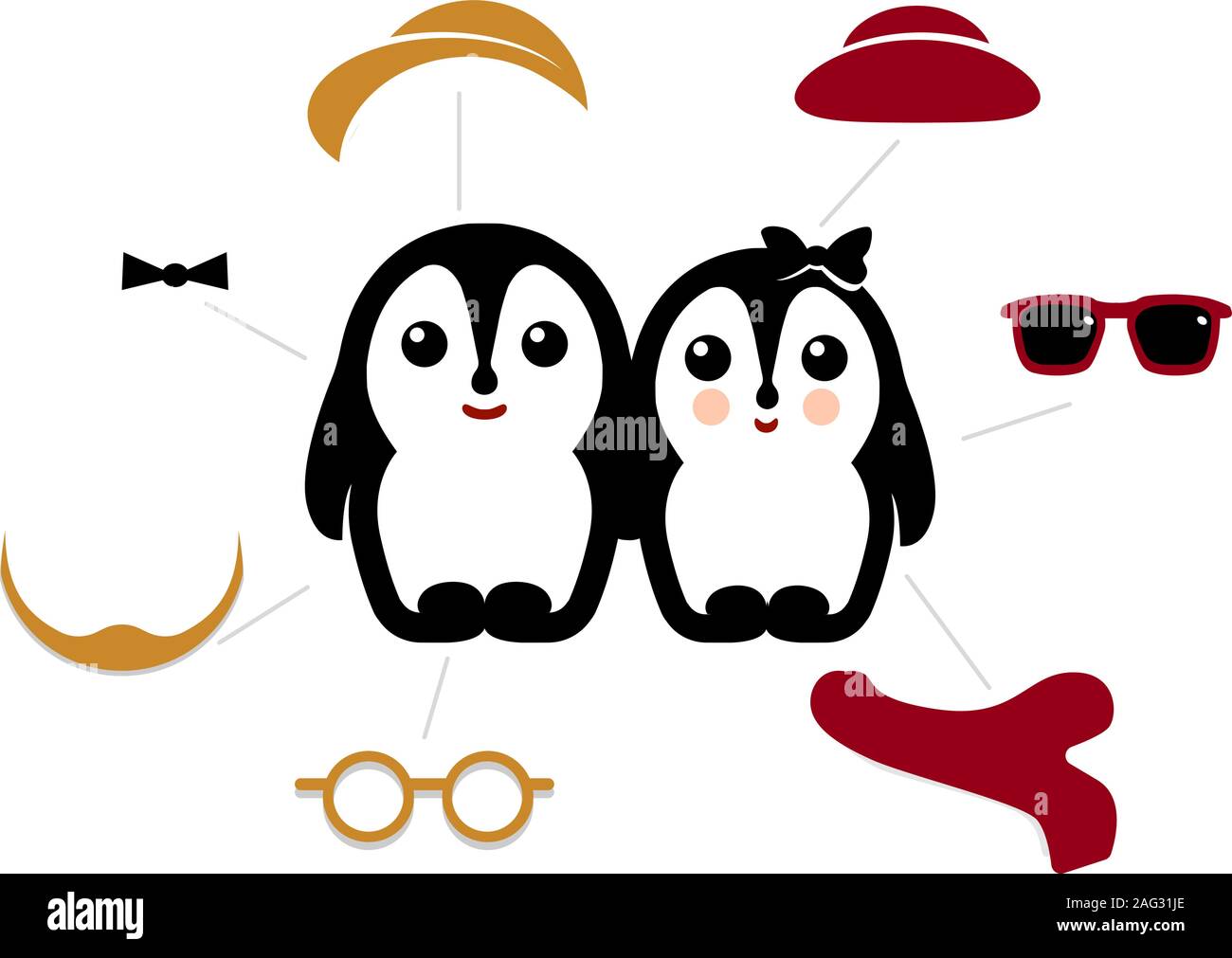 Isolated vector penguin couple logo. Winter vintage illustratio Stock Vector