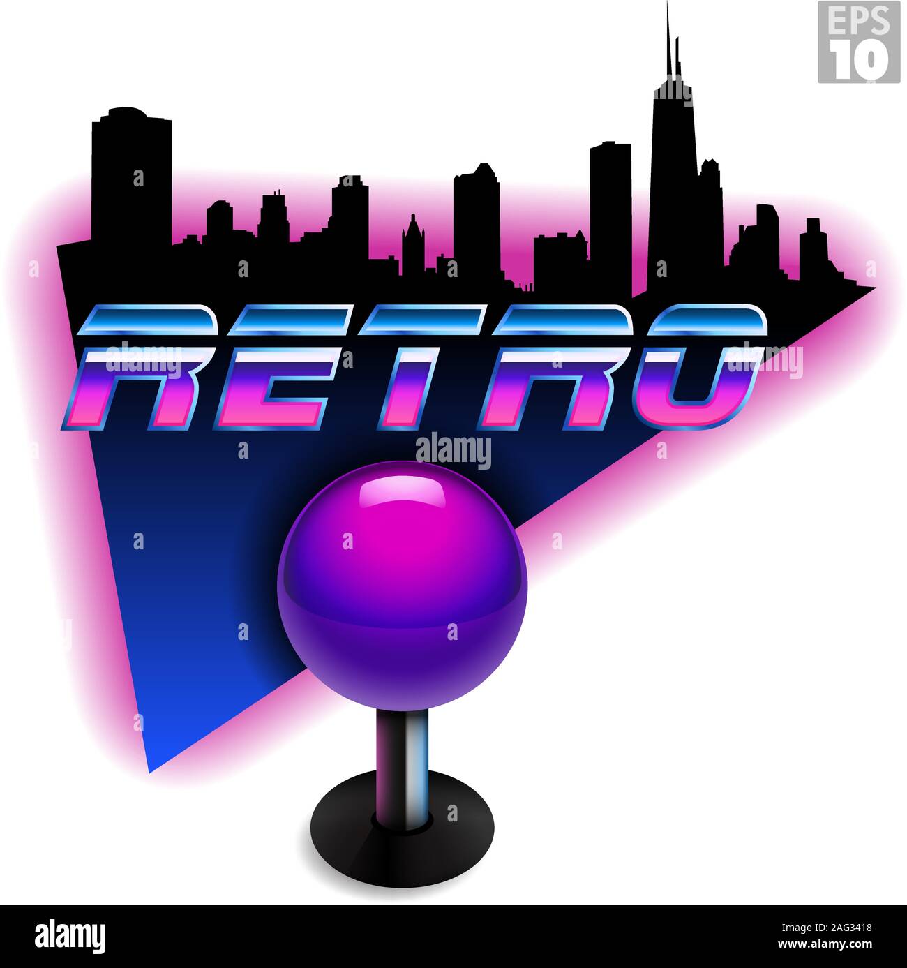 Retro gaming joystick with 80's style city of Chicago skyline. Stock Vector