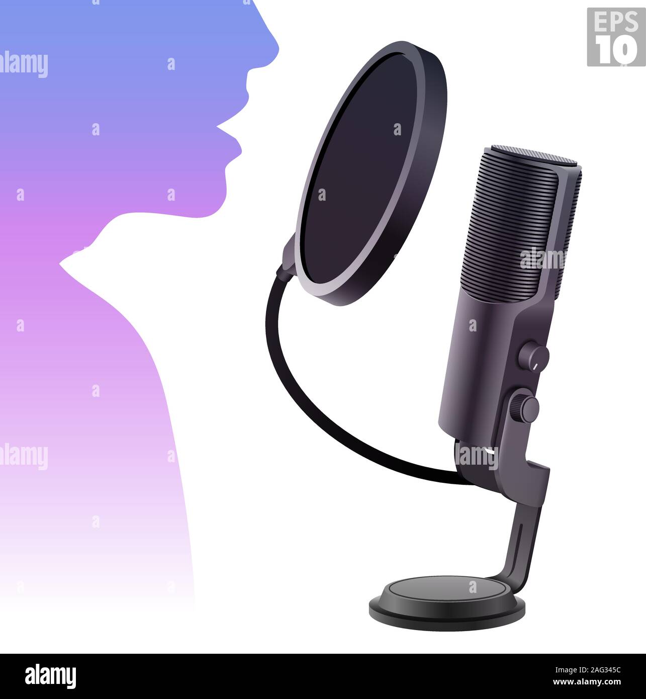 Condenser microphone with pop filter and stand used by a person for voice-overs or podcast vocal recordings. Stock Vector