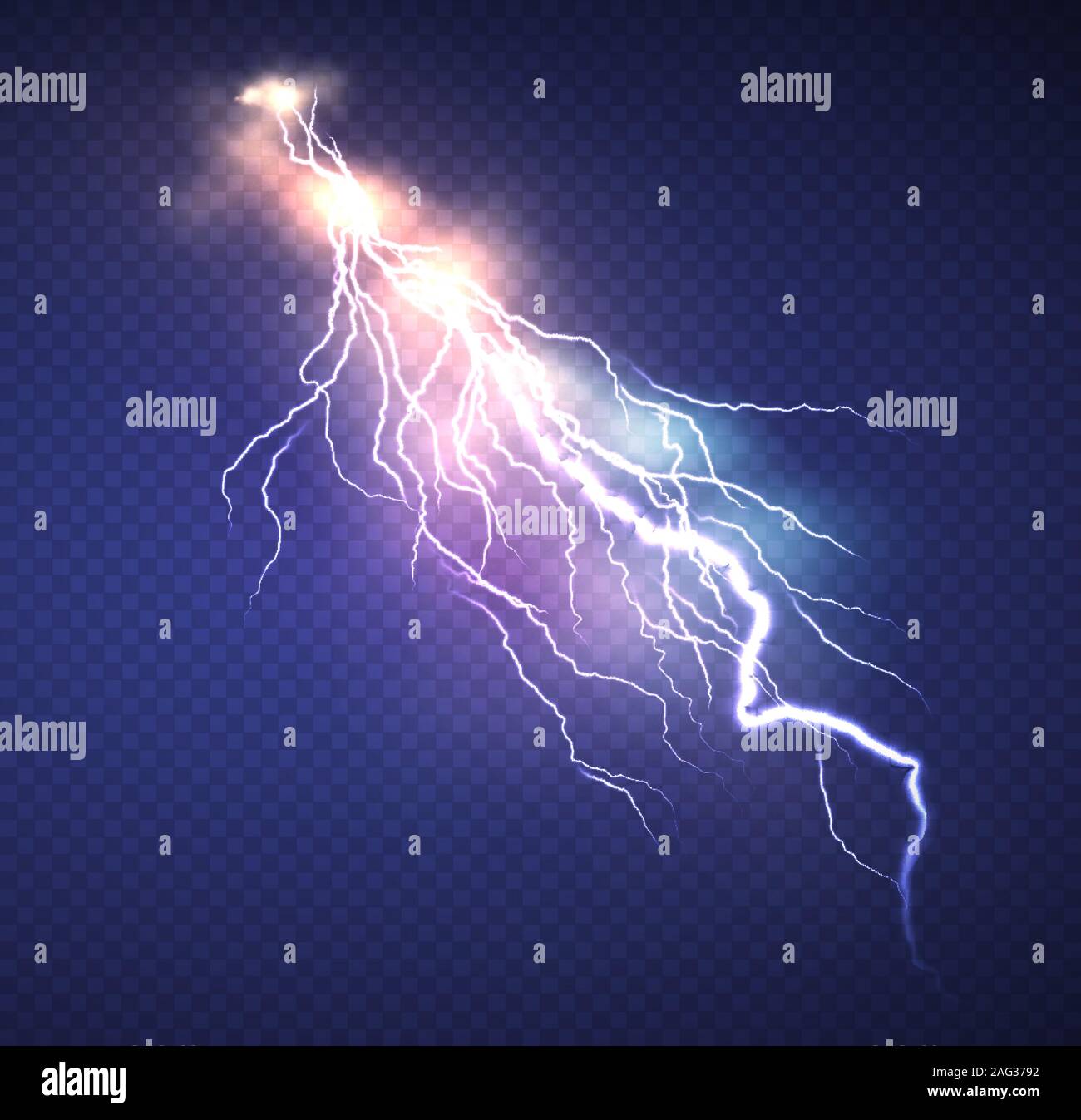 Realistic Lightning effect isolated on clear dark blue background
