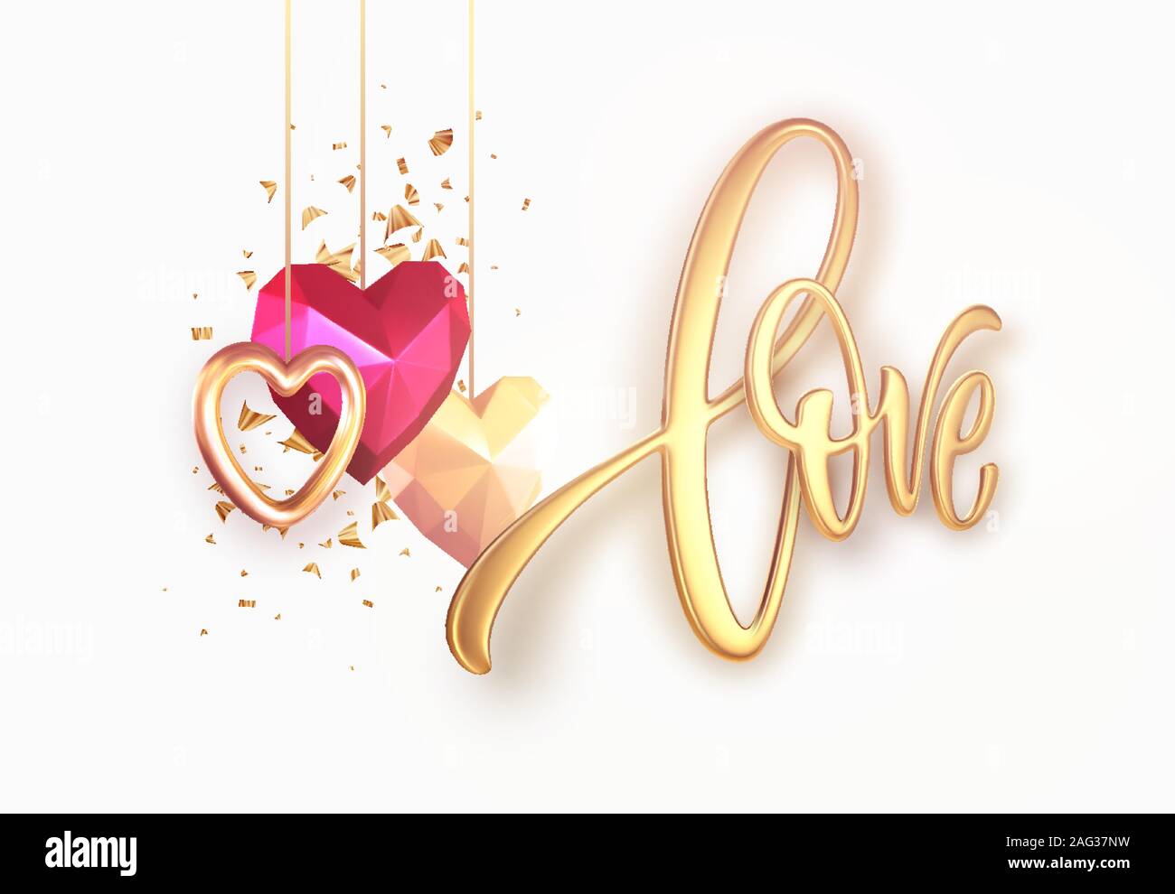 Valentines Day festive background with realistic metallic gold and red ...