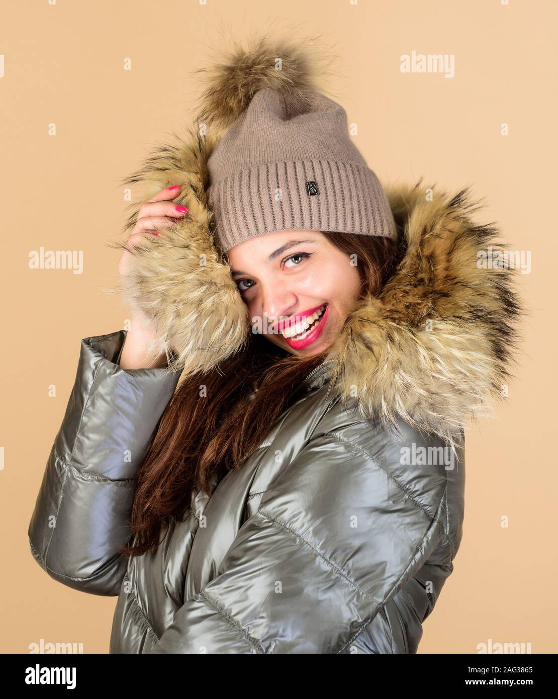 Confidence and femininity. Be stylish this winter. Emotional woman in  jacket. Winter outfit. Enjoying her outfit. Pretty girl wear fashion outfit  for cold weather. Playful fashionista. Black friday Stock Photo - Alamy