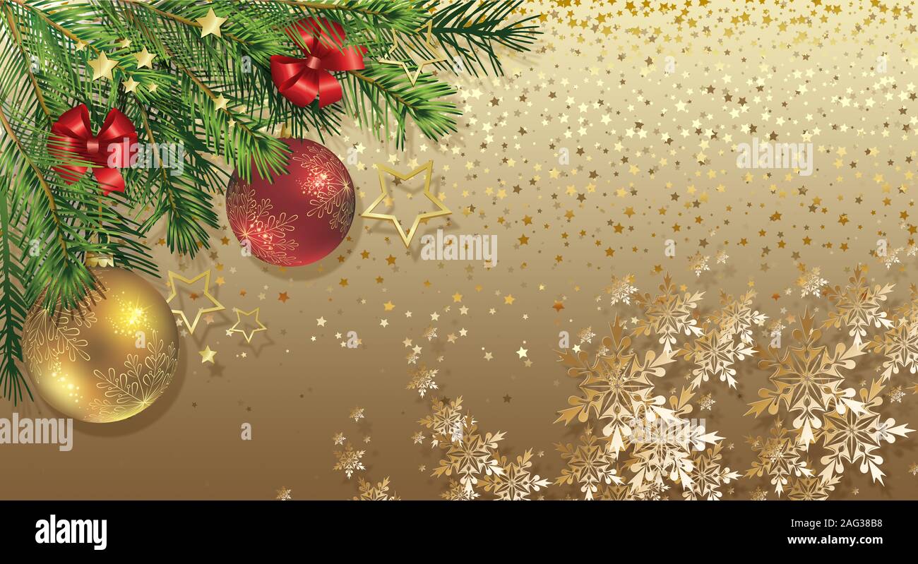 3d wallpaper, golden christmas background with red balls and fir tree  branches Stock Photo - Alamy