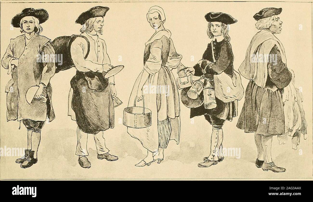 . Geschichte des Kostüms. tes-moi gagner ma journee, A bien housser: je my esbas! Fig. 2. Auvergnatischer Kupferschmied und Kesselfliclcer. „Chaudronnier,chaudronnier! Je mets la piece aupres du trou! Fig. 3. Hausiererin mit frischen Walnüssen, „Cerneaux, les gros cerneaux! Fig. 4. Händler mit Handlaternen. Fig. 5. Hasenfelie! Peaux de lapins! Untere Reihe. Fig. 6. Händler mit Ratten- und Mausefallen. „La mort aux rats et aux souris! Fig. 7. Blumenmädchen mit Nelkensträußen. „Mon bei oeillet! Oeillet ist,wie verschiedene dieser Ausrufe, scherzhaft doppeldeutig und für die Popularität des,,cri Stock Photo