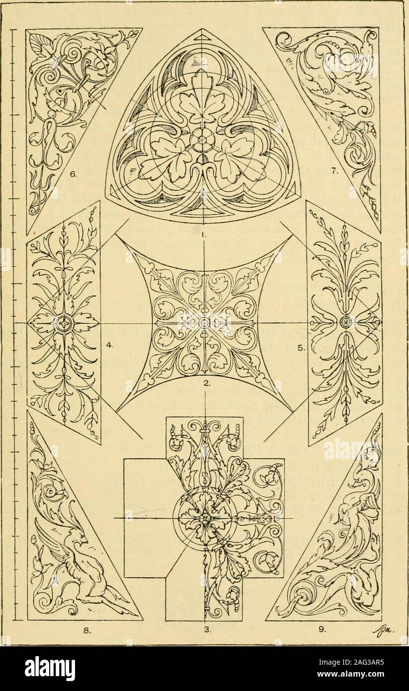 . Handbook of ornament; a grammar of art, industrial and architectural designing in all its branches, for practical as well as theoretical use. Plate 169. Various Panels. ENCLOSED ORNAMENT. 275. Various Panels. Plate 170.18* 276 Various Panels. be adapted to each case; and should follow the analogy of the principles enunciated above. Thus, for example, regular polygons withconvex or concave sides (Plate 170. 1 and 2); are treated similarlyto polygons with straight sides. Figures like those on Plate 169. 7 and 8, are decorated in themanner of an Oblong or an Ellipse. The ornament of Plate 169. Stock Photo