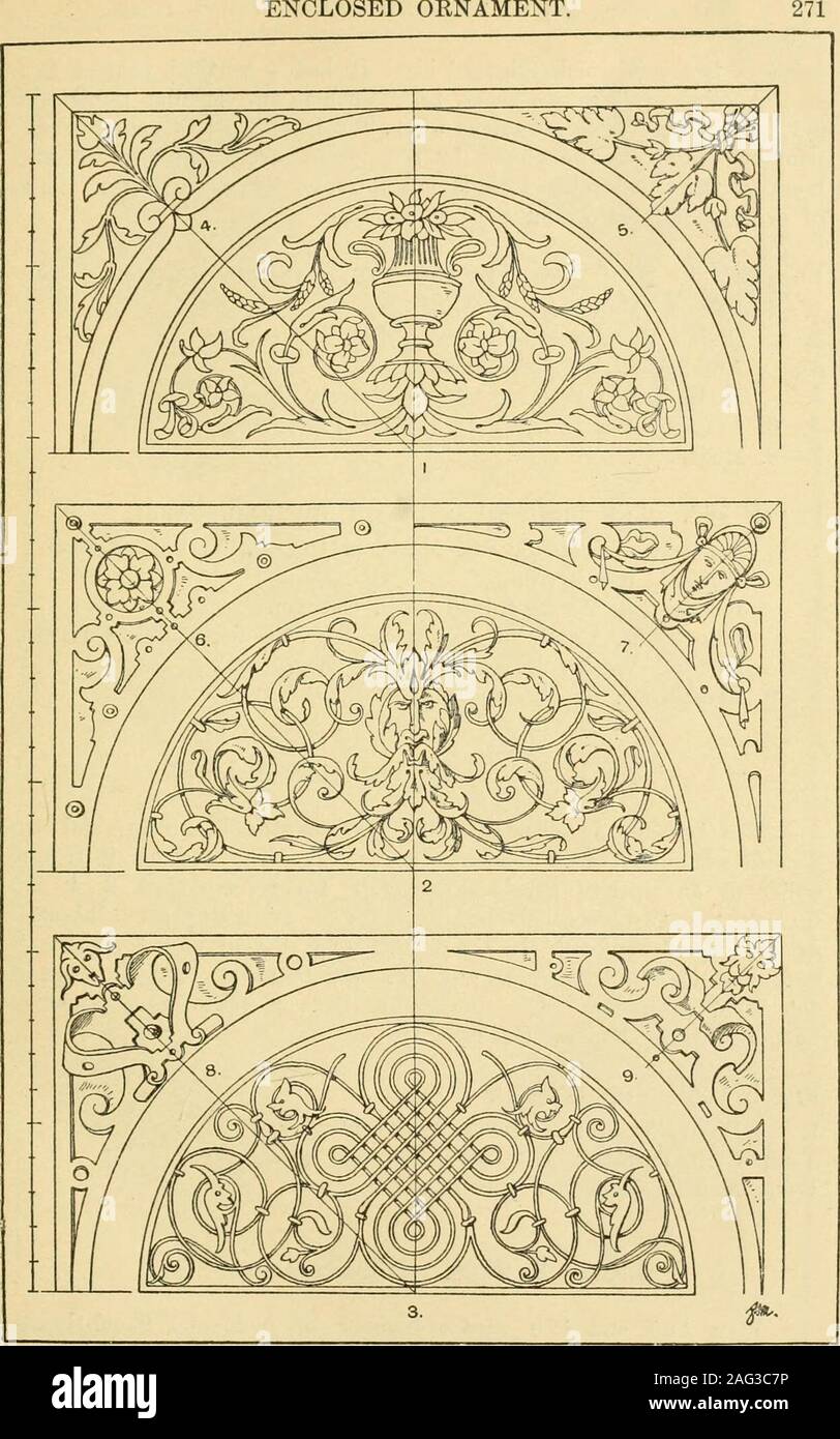 Handbook of ornament; a grammar of art, industrial and architectural  designing in all its branches, for practical as well as theoretical use.  Plate 166. The Lunette, and the Spanrail Panels. ENCLOSED