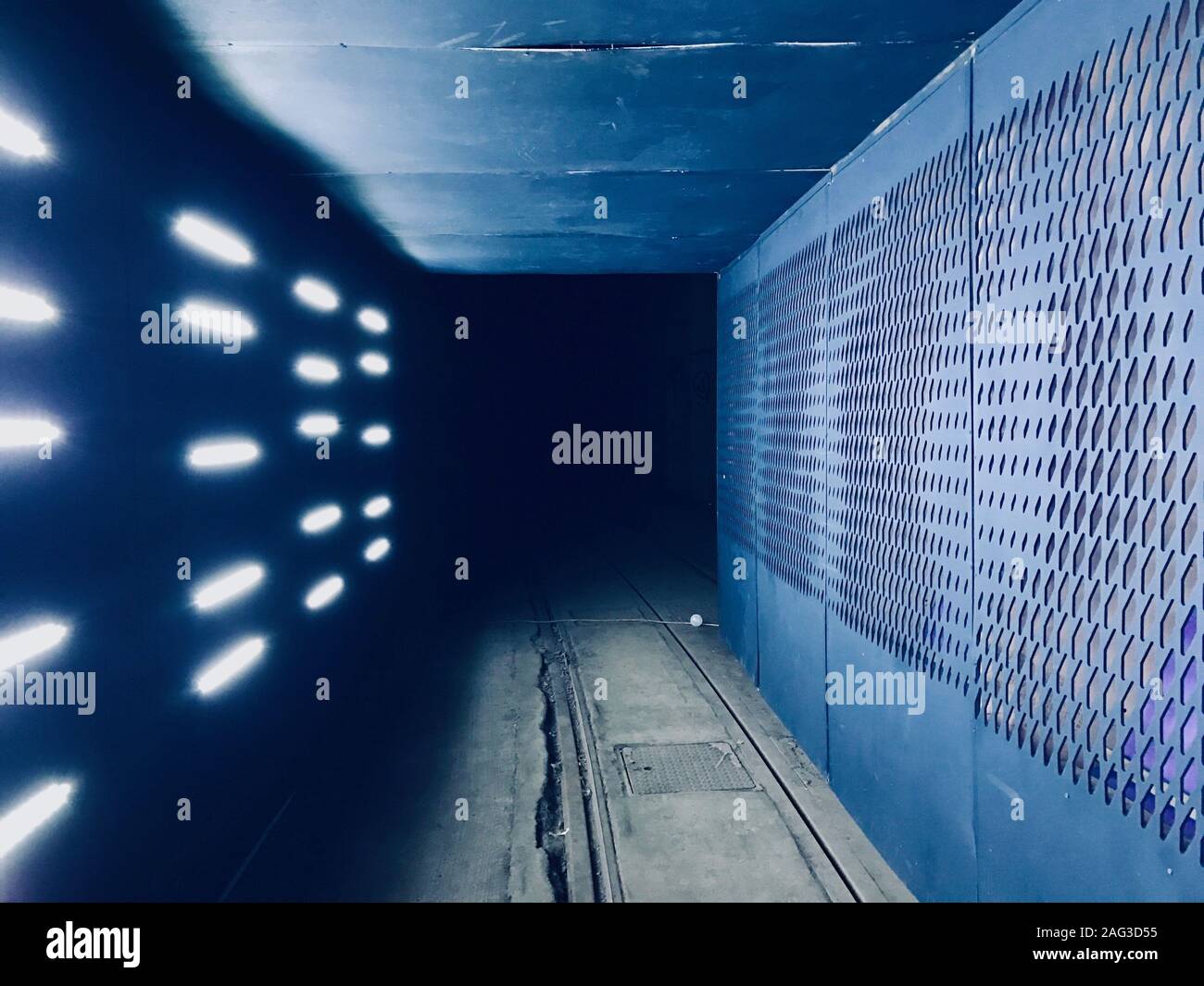 Beautiful shot of a brutalist architectural structure with lights - great for a cool background Stock Photo