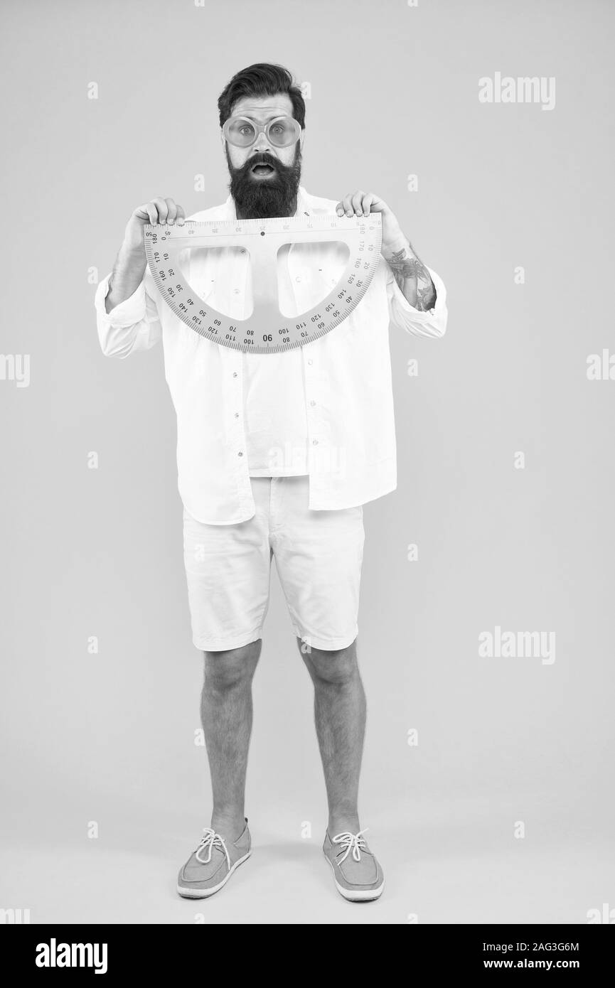 Maintain beard shape. Bearded nerd with protractor. Exploring