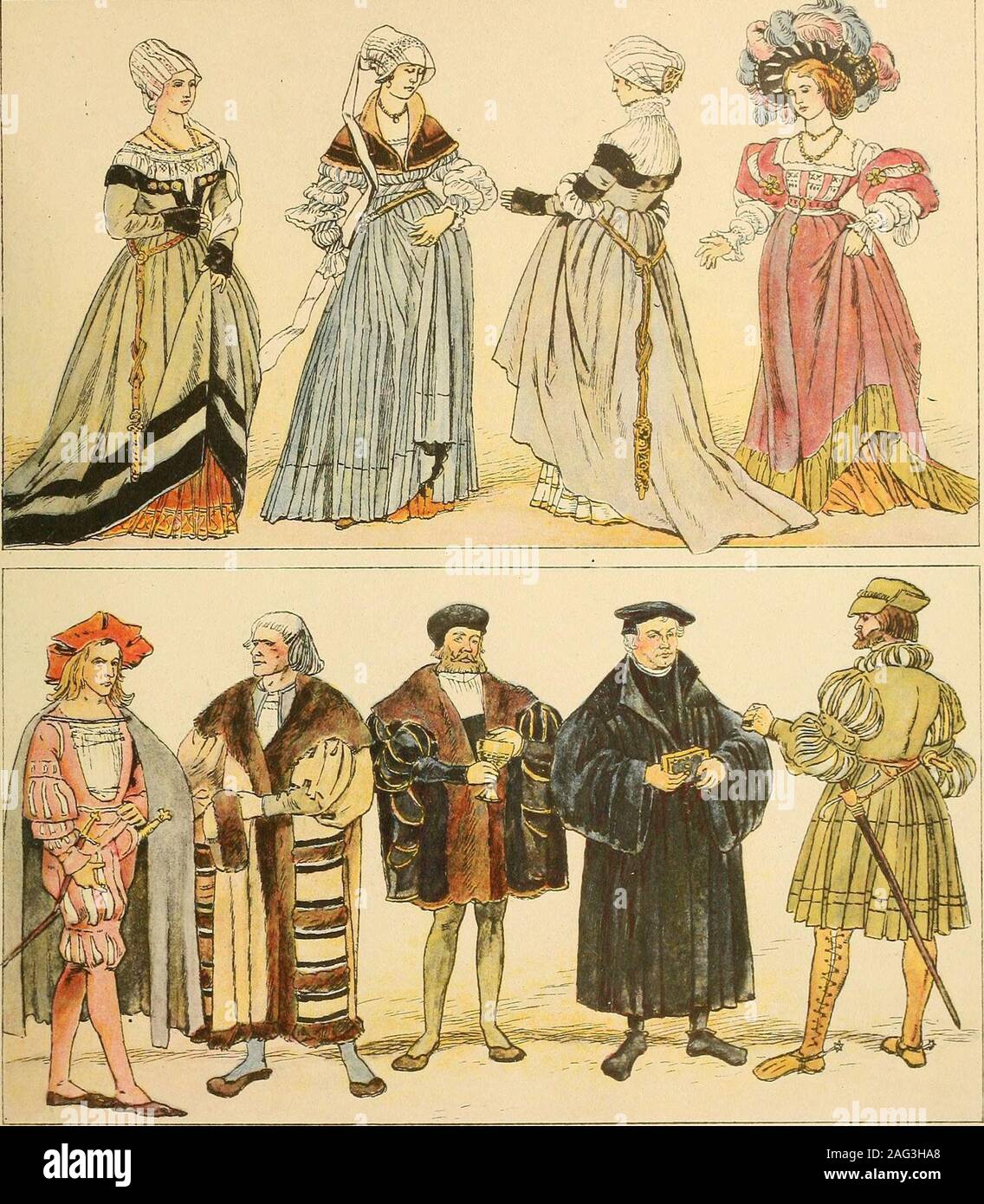 . Geschichte des Kostüms. n, den Holbein und Cranach in ihren Zeichnungen oder Bilderngelegentlich den Frauen aufsetzen, ist kostümgeschichtlich sehr verdächtig. Die Malerscheinen hier eher einer ästhetischen Phantasie nachgegeben zu haben, die der stattlichreichen Tracht ein entsprechendes Gegengewicht auf dem Kopfe gab. In der Wirk-lichkeit überließ die Dame den großen federgeschmückten Hut, den man als eine starkeExtravaganz des Baretts empfand, noch dem Landsknechtsliebchen, das die Prunkstückeseines Ernährers mhbenutzte. Schmuck wurde von beiden Geschlechtern sehrreichlich getragen, z. B. Stock Photo