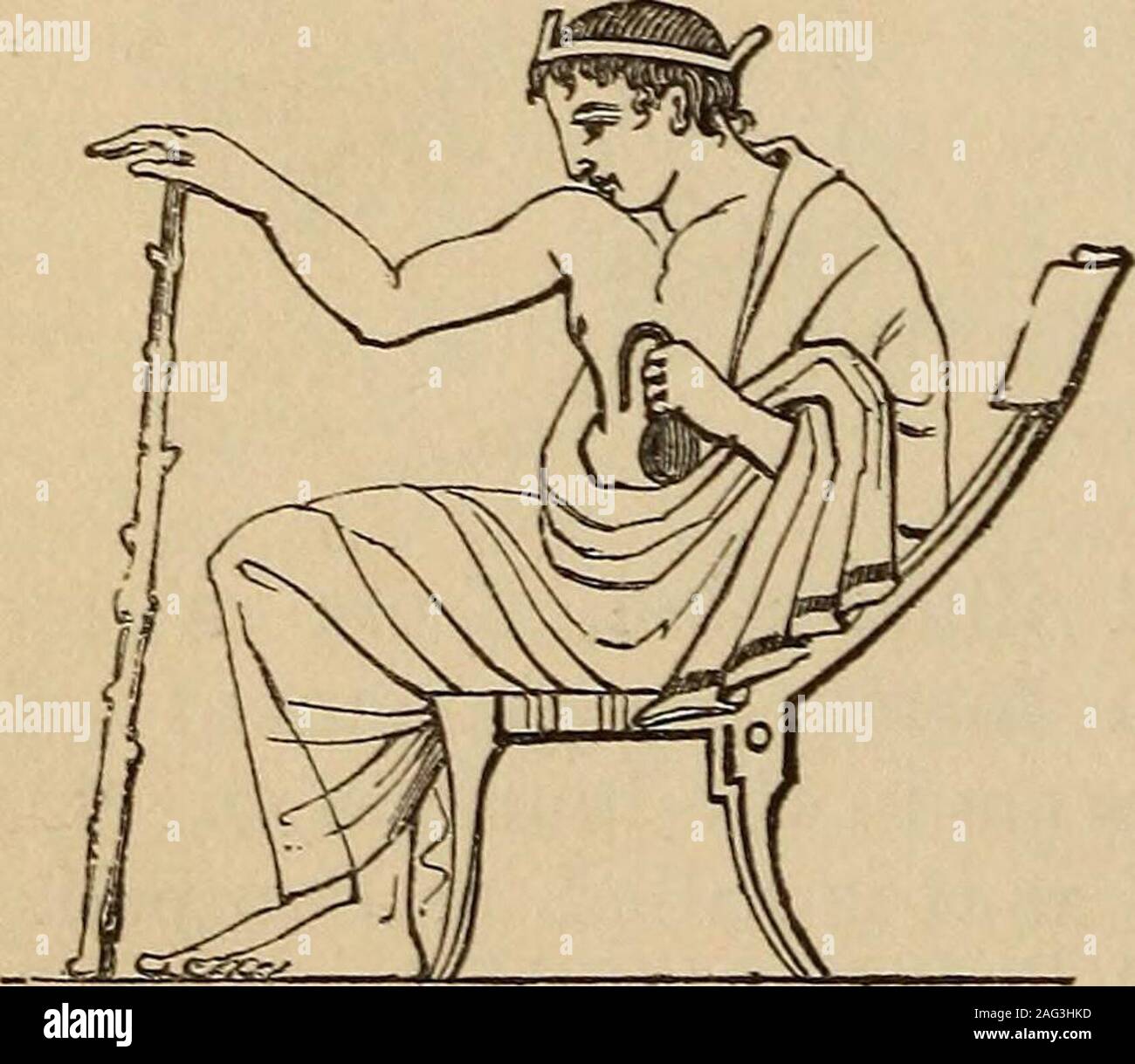 . The illustrated companion to the Latin dictionary and Greek lexicon; forming a glossary of all the words representing visible objects connected with the arts, manufactures, and every-day life of the Greeks and Romans, with representations of nearly two thousand objects from the antique. easy or lounging chair. The ex-ample is from a Greek fictile vase,and represents one of the masterswho taught the young men theirexercises in the gymnasium (n-atSo-rpLirjs). A marble in the Capitolat Rome shows the empress Agrip- pina sitting in one of a similarcharacter. 3. Cathedra strata. A chair co-vered Stock Photo