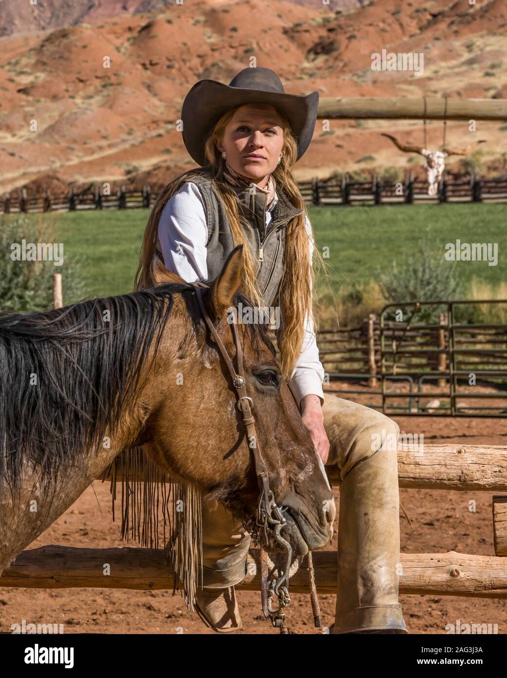 A young attractive working cowgirl wrangler sits on a wood rail fence by her horse on a ranch near Moab, Utah. Stock Photo
